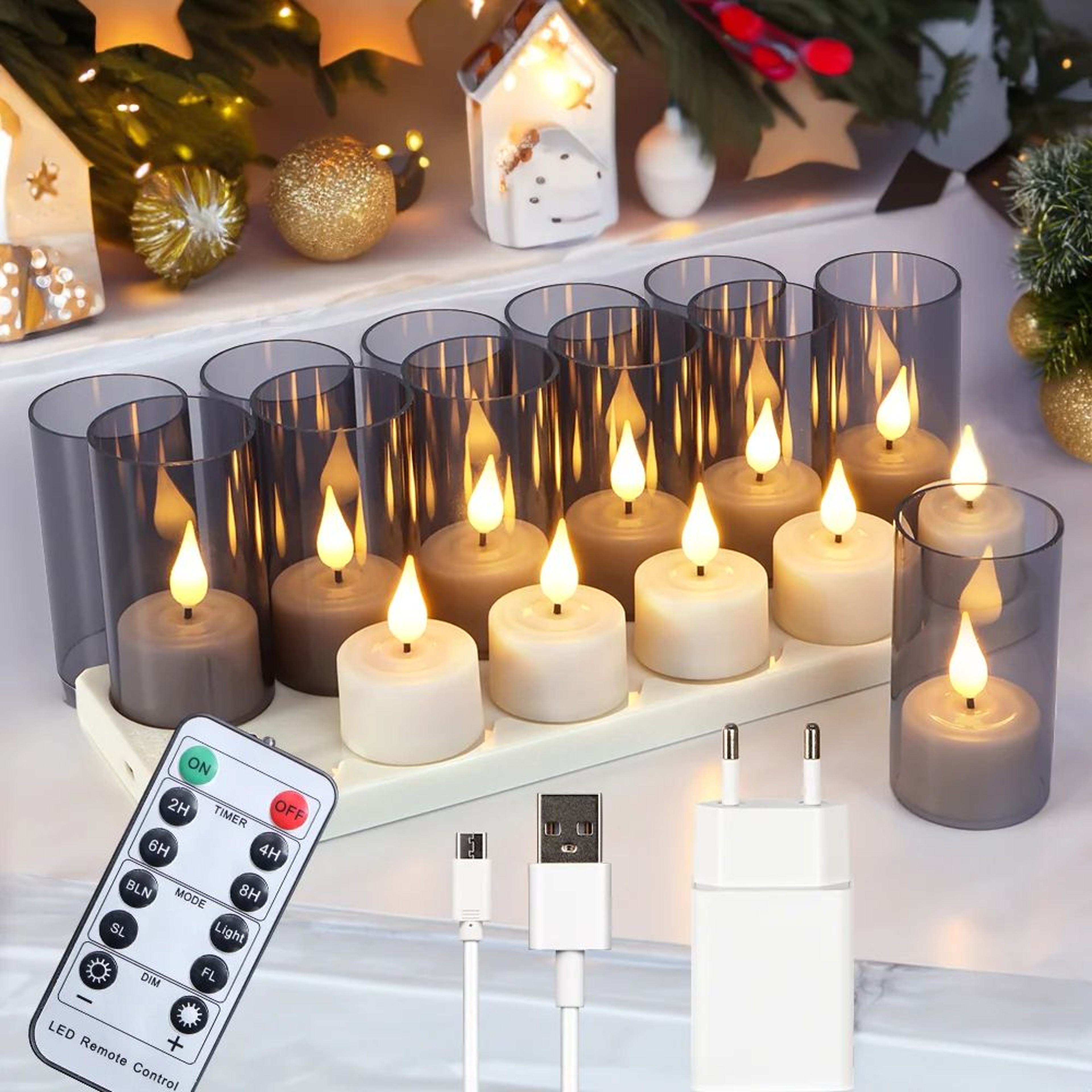 Rechargeable LED Tea Light Candles With Timer And Black Cups Set 9