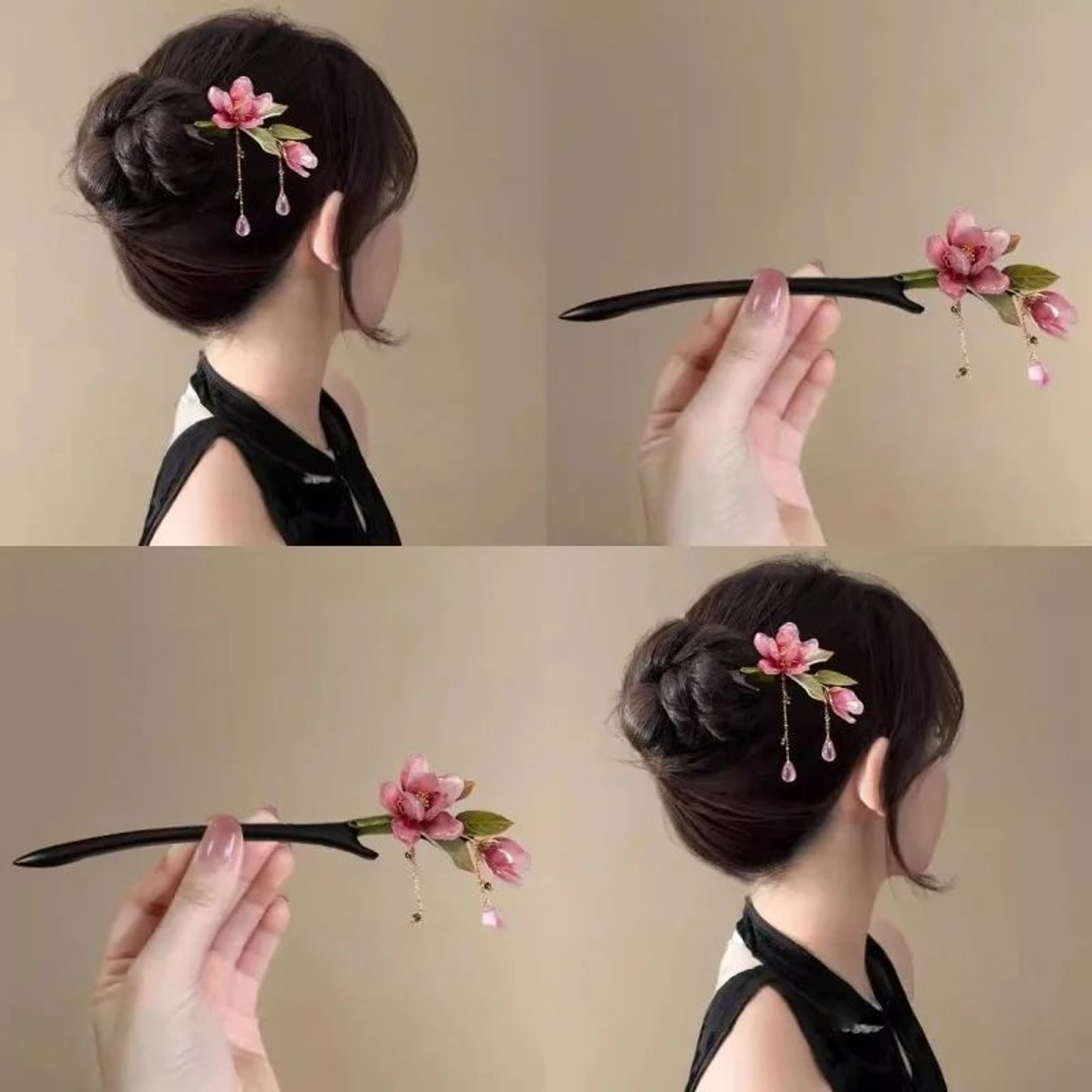 Elegant Floral Hair Stick With Pink Flower Tassel 0
