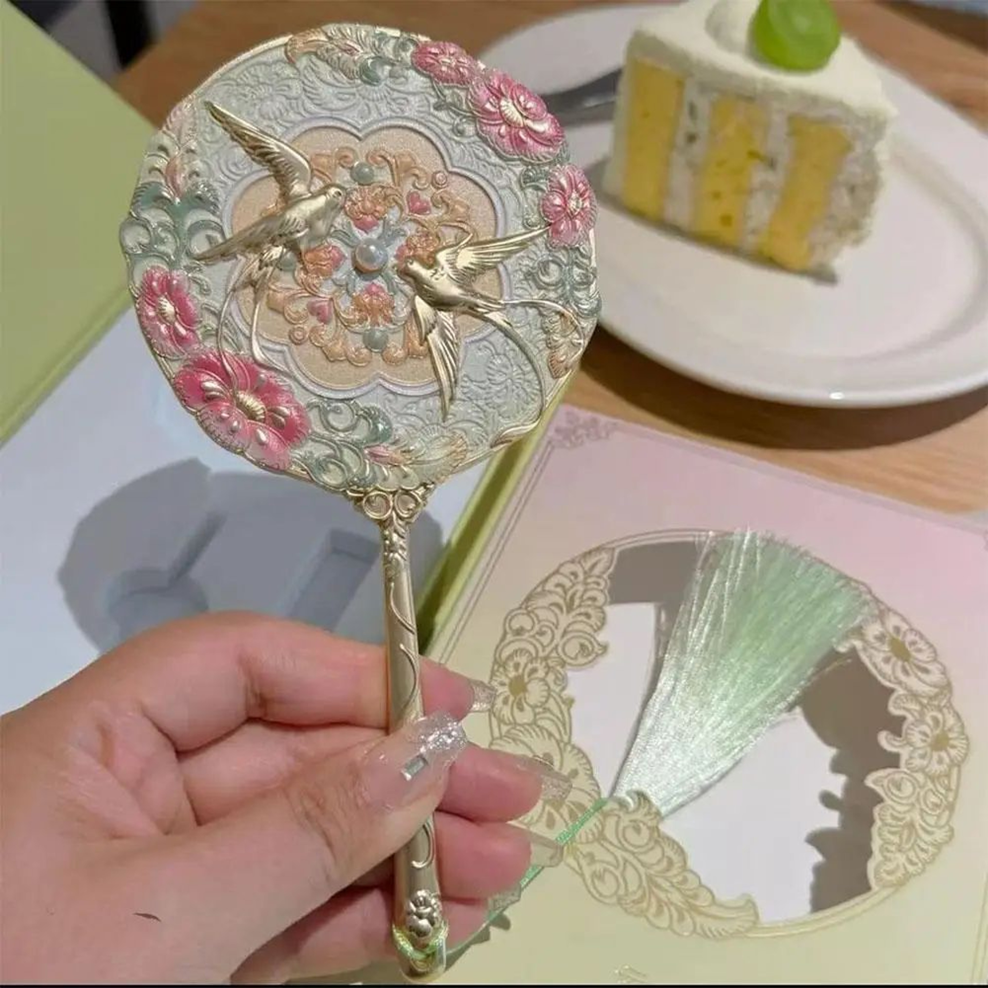 Vintage Chinese Peony Flower Handheld Pocket Makeup Mirror 4