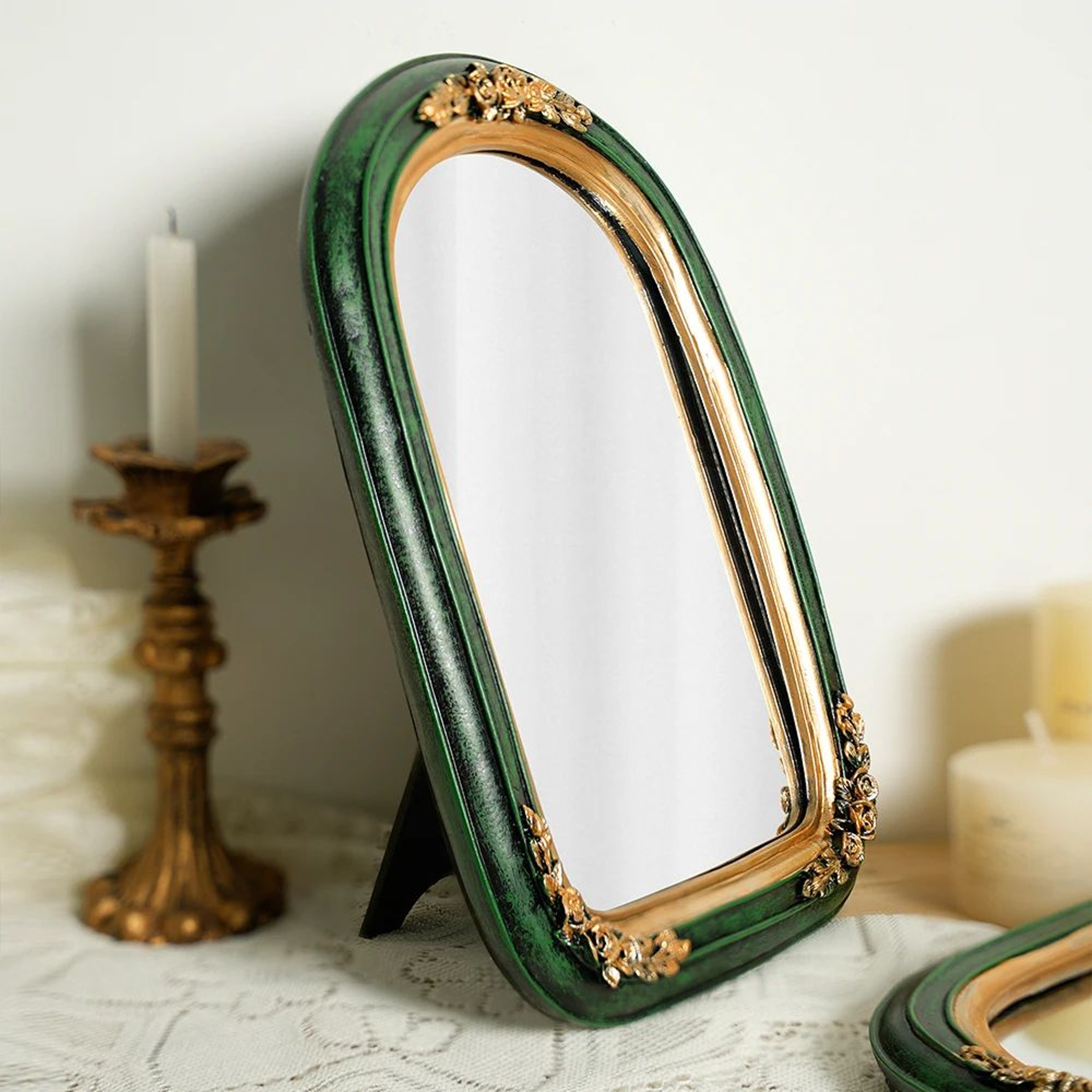 Vintage European Green Resin Carved Makeup Mirror 1