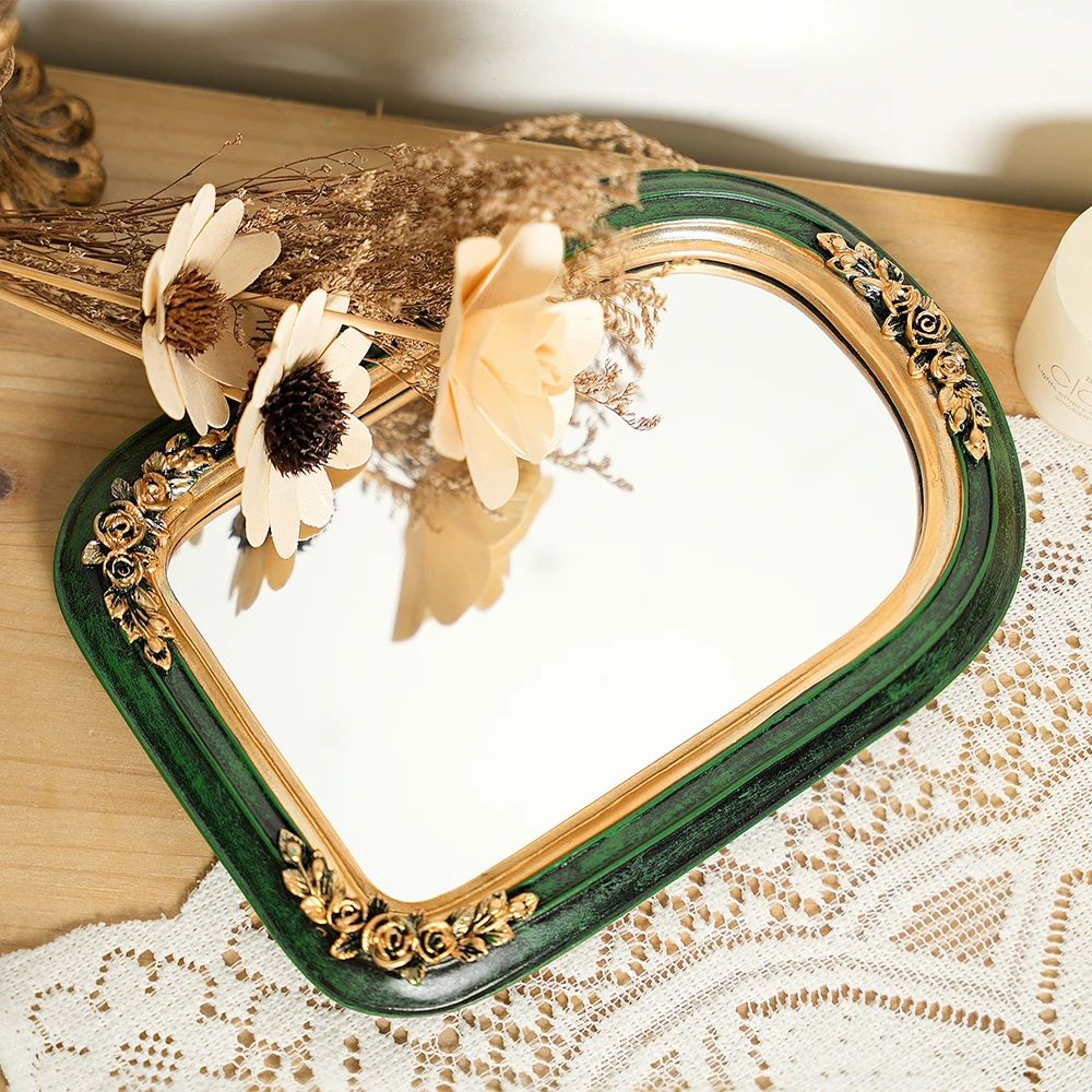 Vintage European Green Resin Carved Makeup Mirror 4
