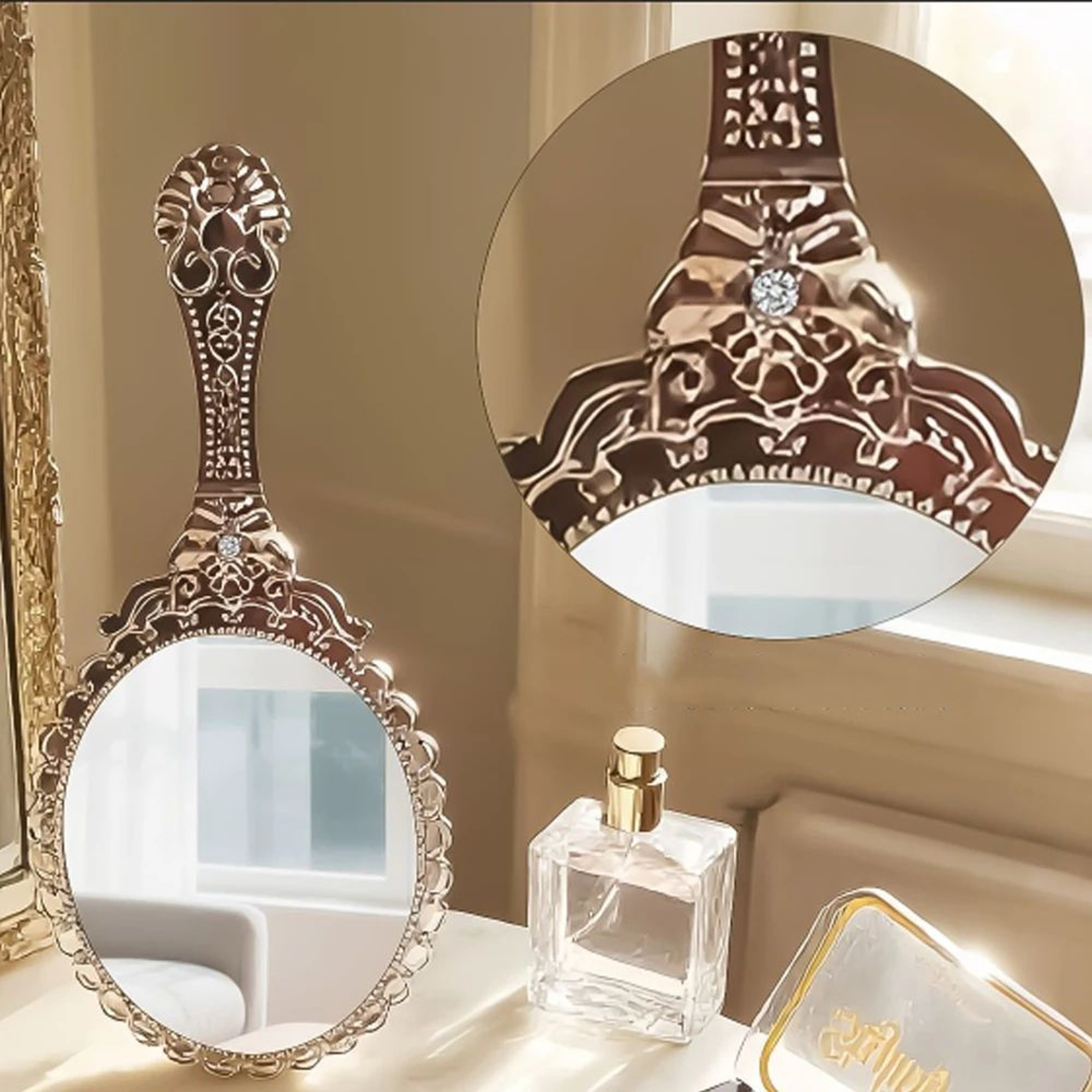 Vintage European Embossed Floral Handheld Makeup Mirror 8