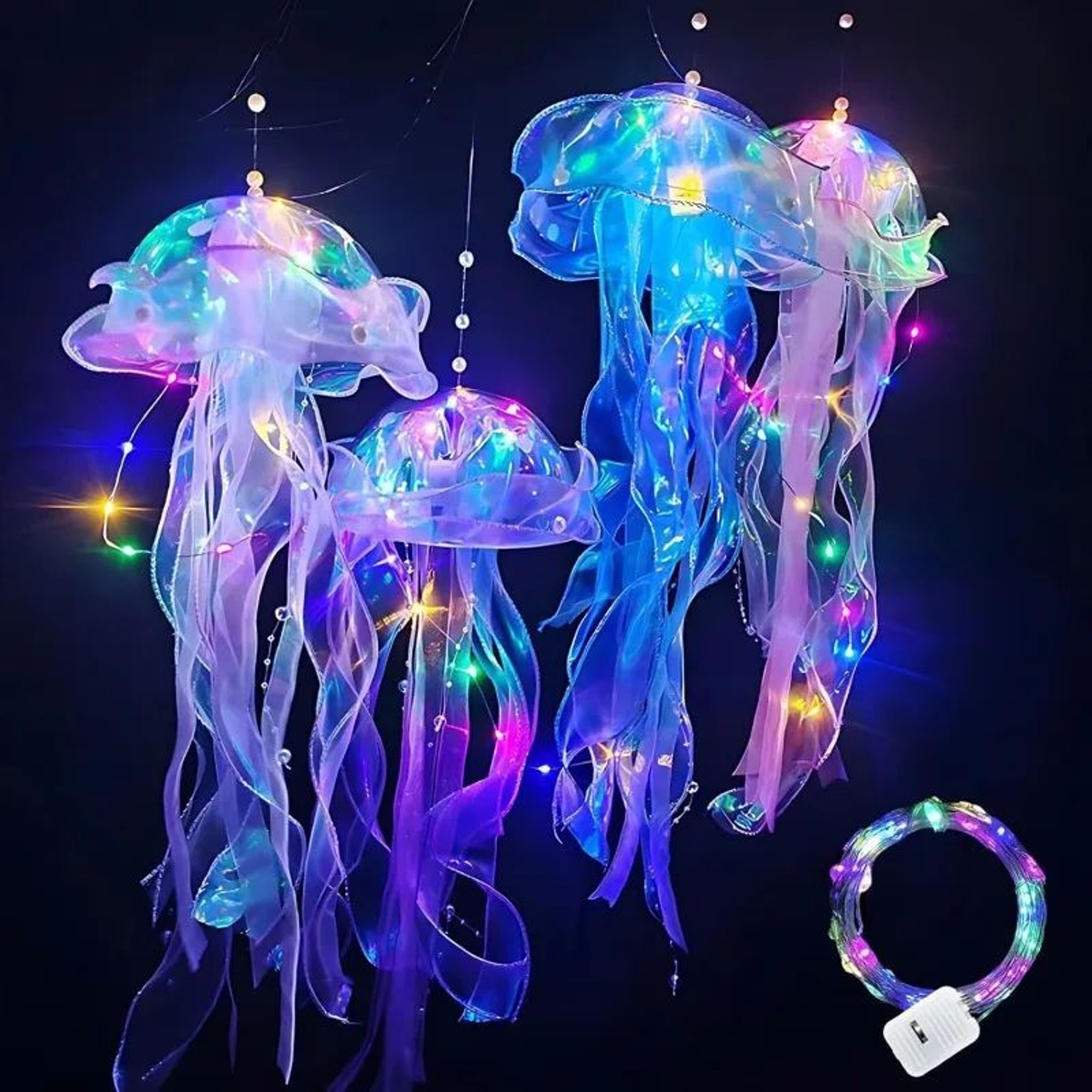 Jellyfish LED Night Light Hanging Lamp With Ribbon And Bead Decor 5