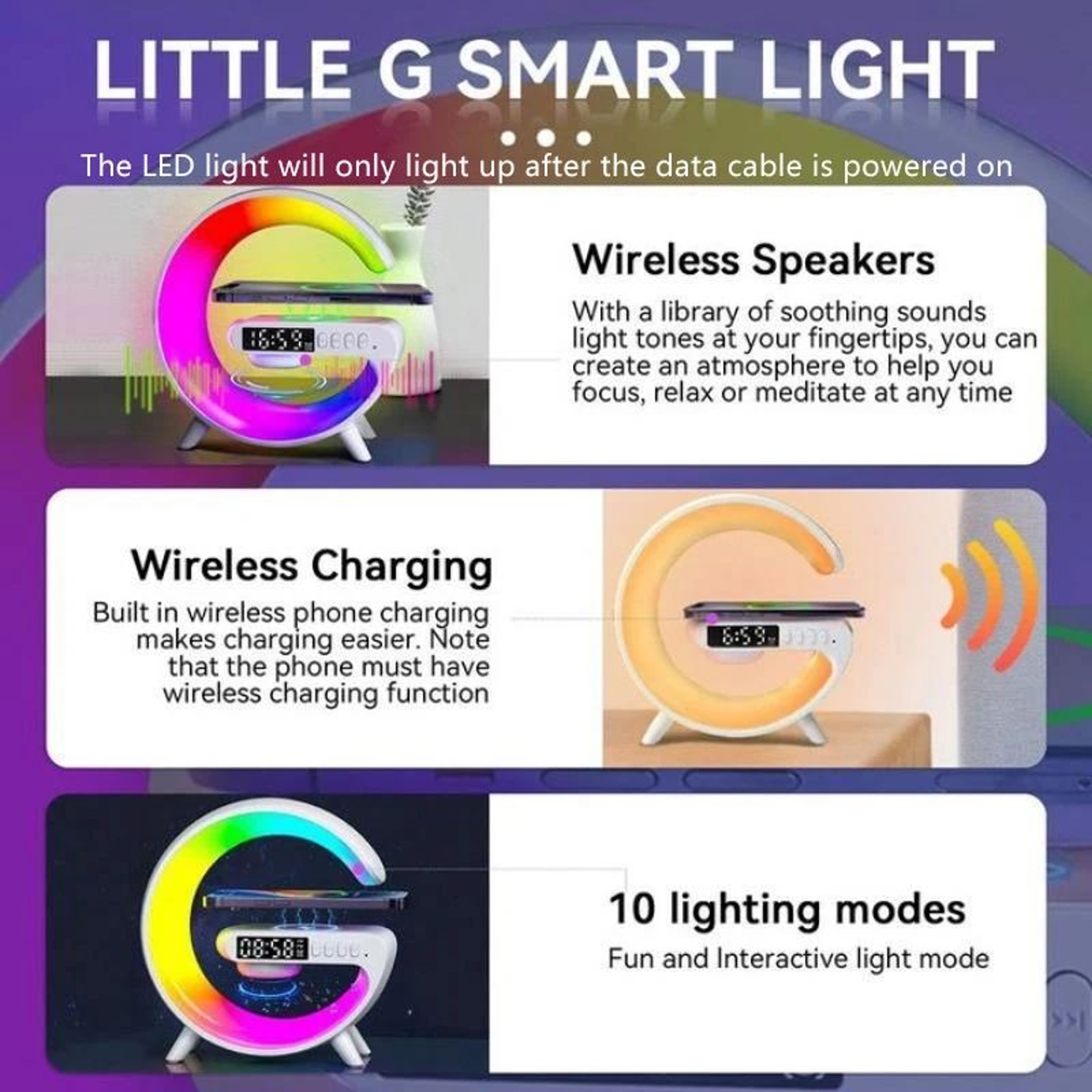 RGB Night Light Wireless Speaker Alarm Clock Charger 1