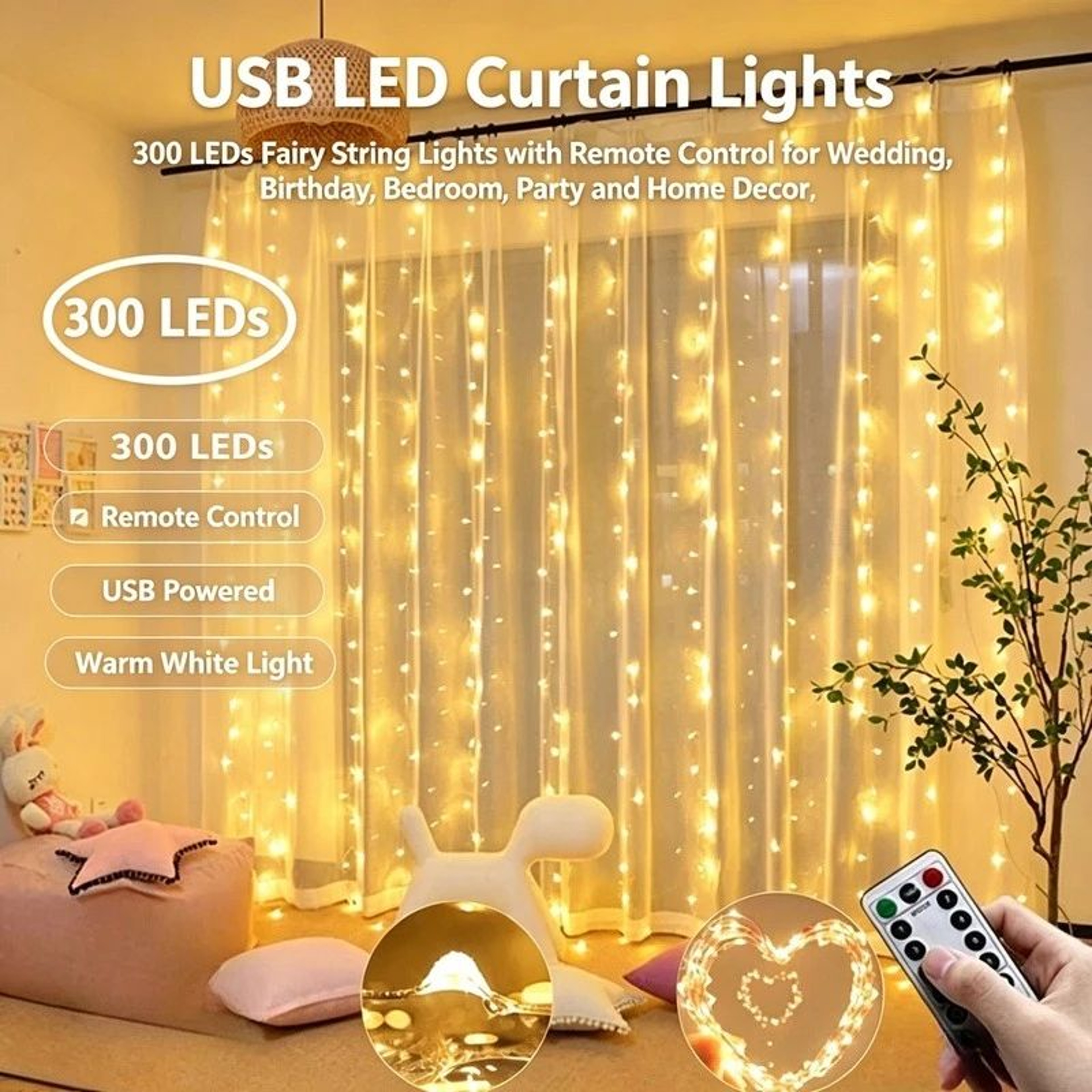 USB LED Curtain Fairy Lights Decor With Remote Control 0