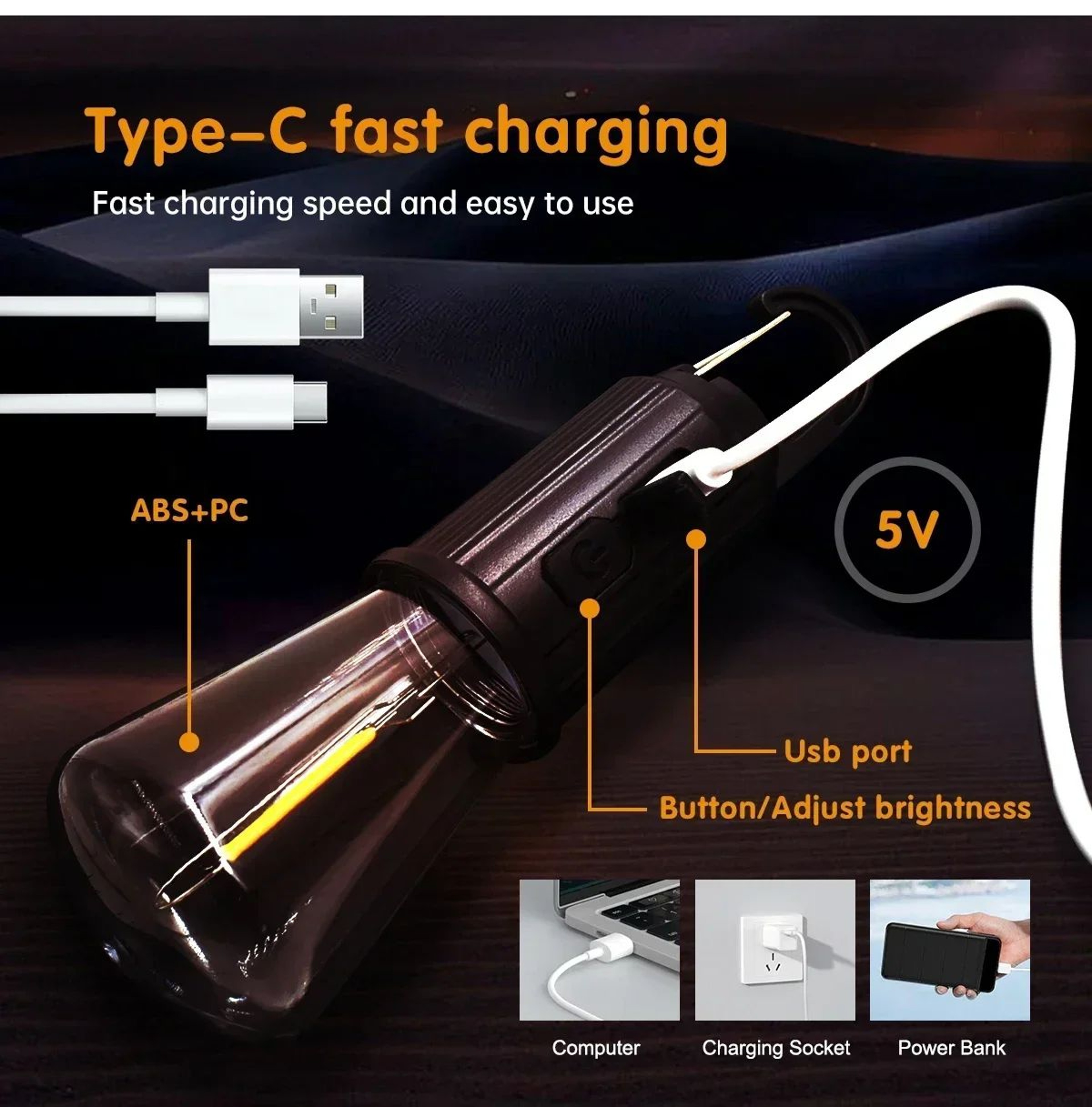 Portable Type C Rechargeable LED Camping Lantern With Hook 3