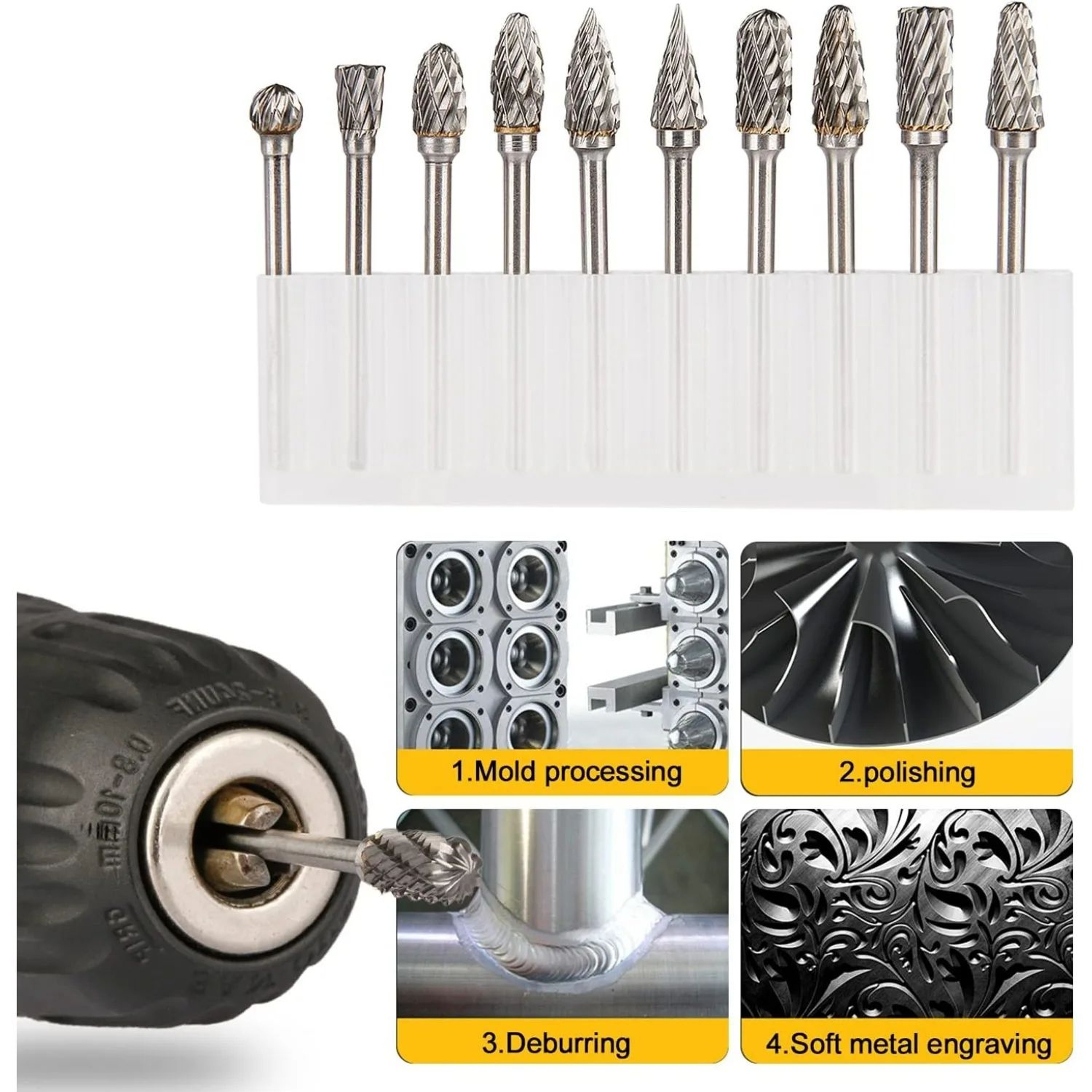 10 Piece Carbide Rotary Burr Set With 3mm Shank For Grinding And Shaping 0