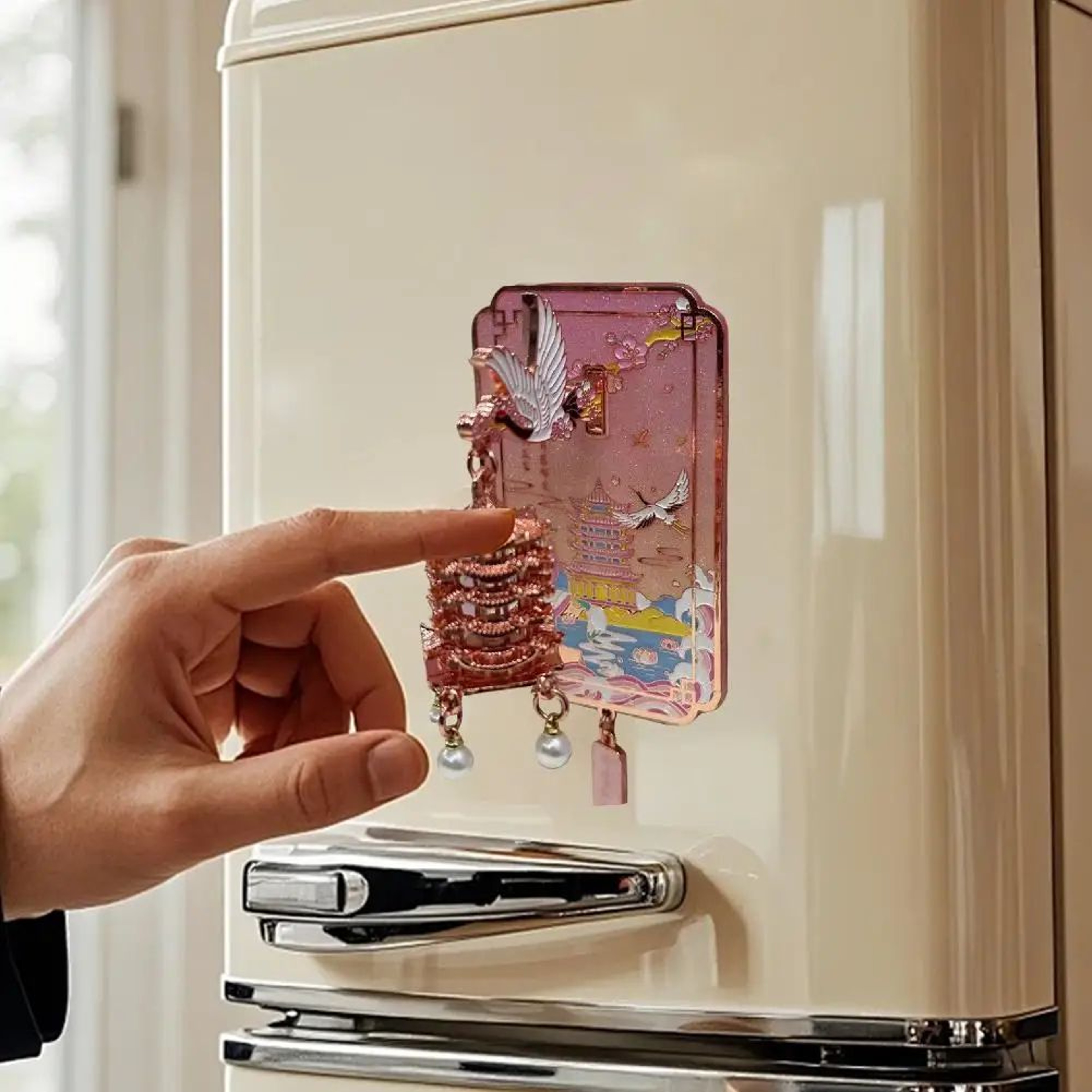 Yellow Crane Tower LED Fridge Magnet With Cherry Blossom Design 5