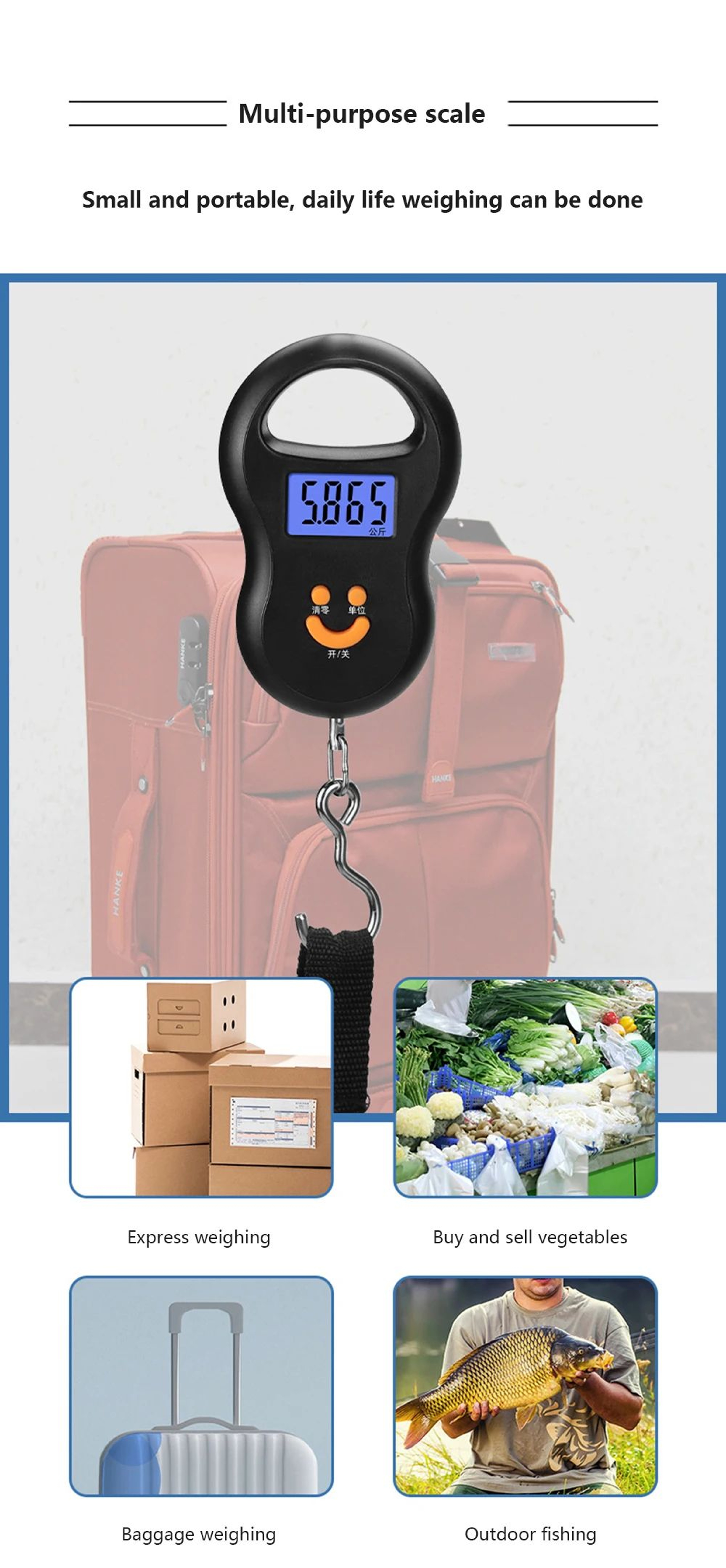 50kg Digital Hanging Scale With Backlit LCD For Luggage And Fishing 7