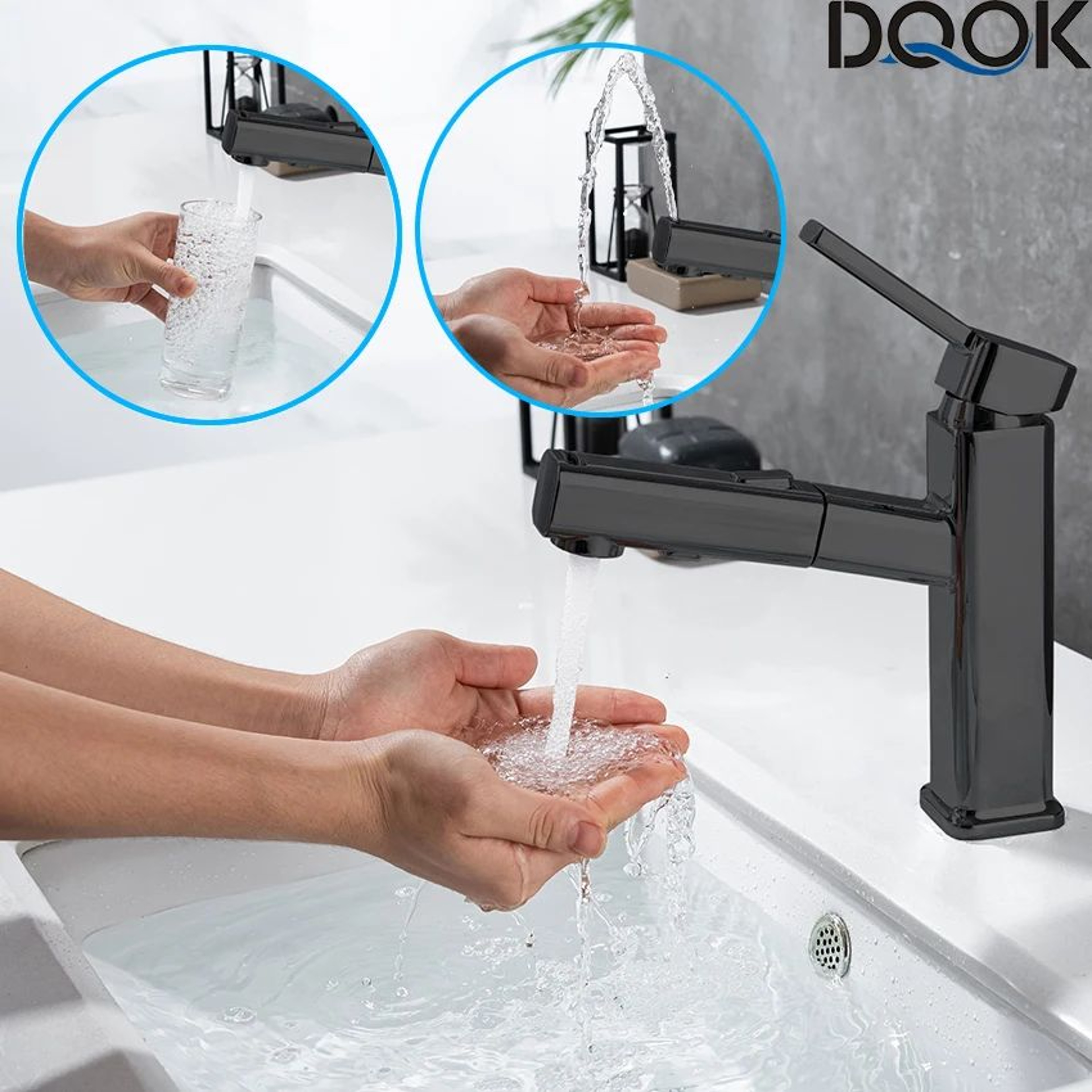 DQOK Brass Pull Out Bathroom Basin Mixer Faucet In Chrome Or Black 2