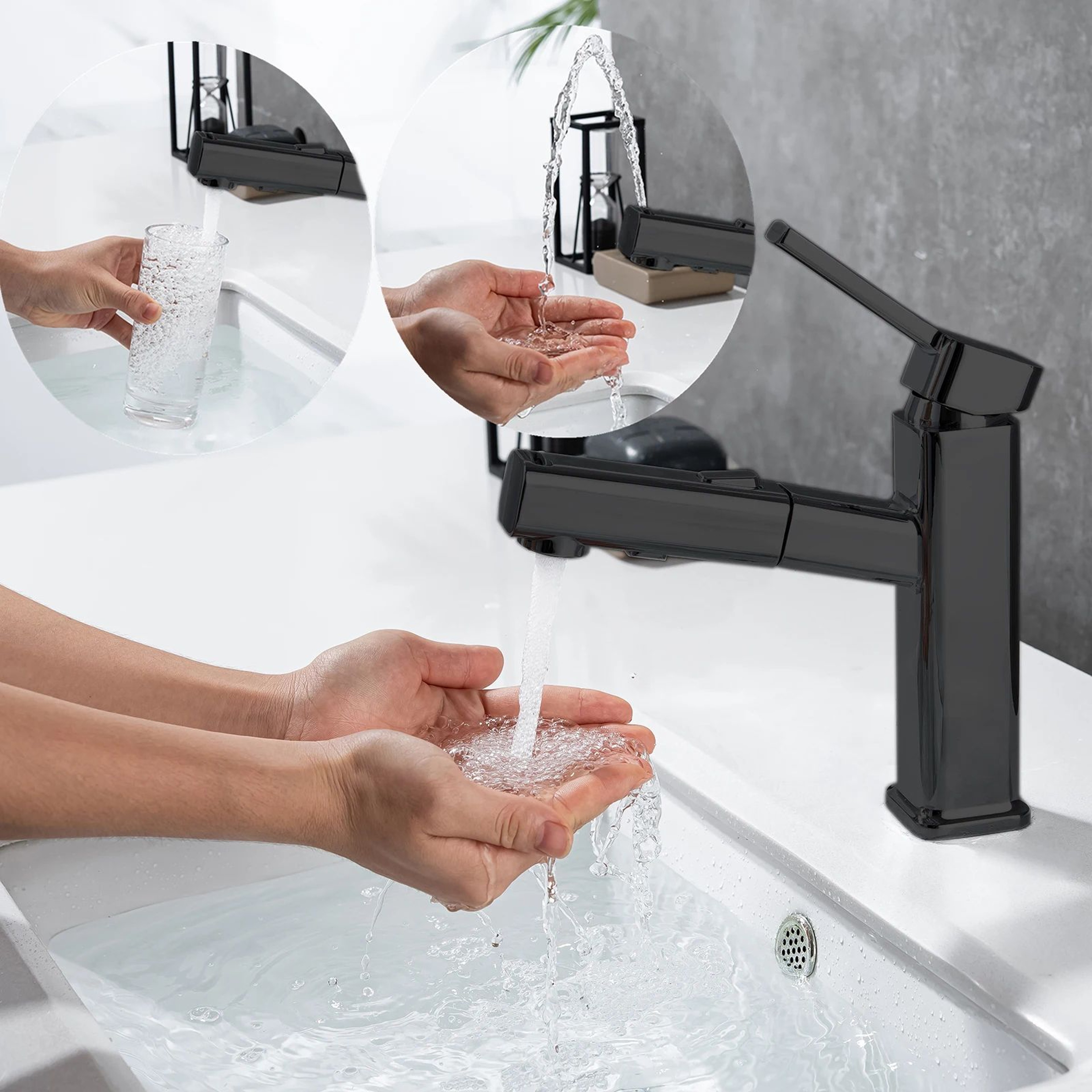 DQOK Brass Pull Out Bathroom Basin Mixer Faucet In Chrome Or Black 6