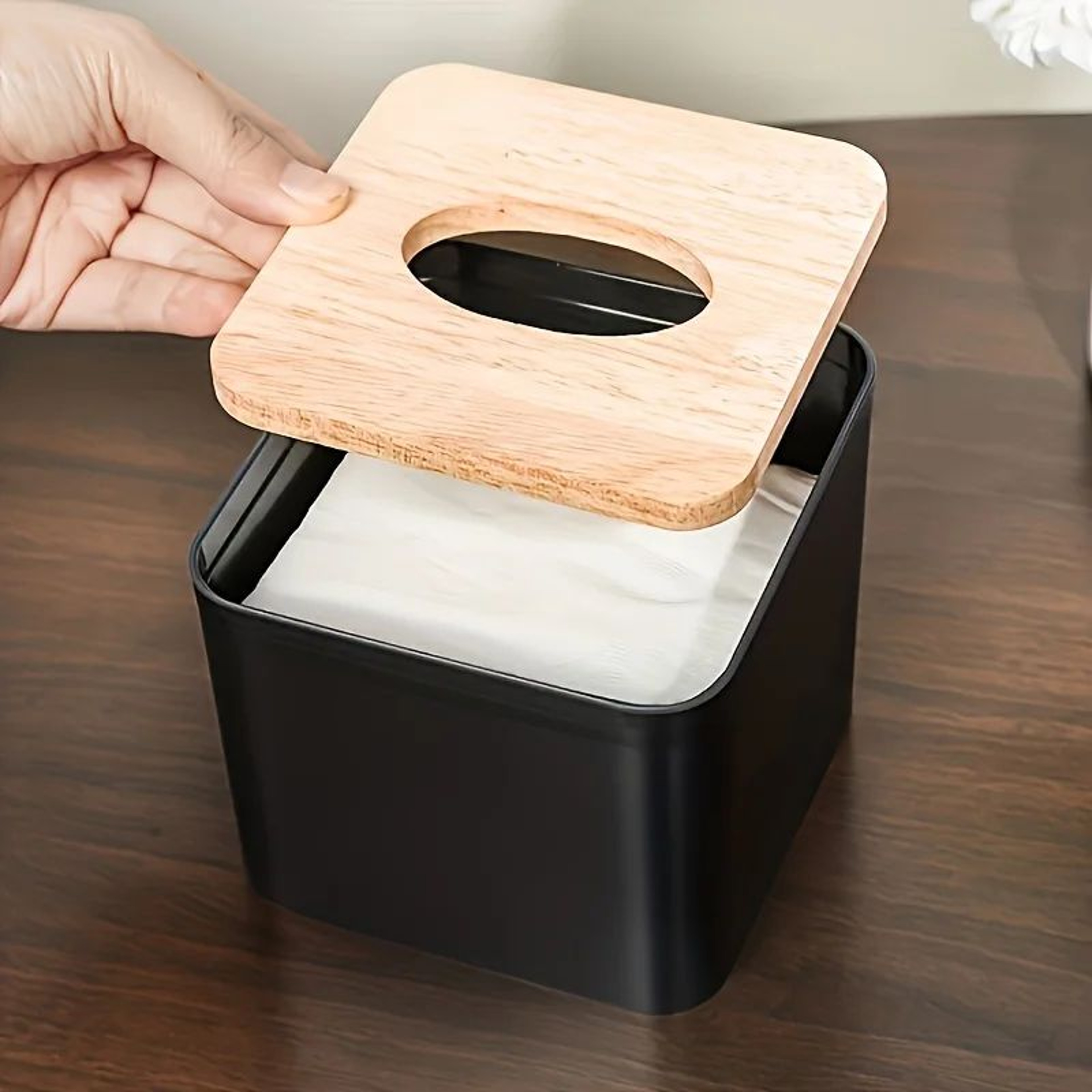 Nordic Style Plastic Tissue Box With Wooden Cover For Home And Restaurant 0