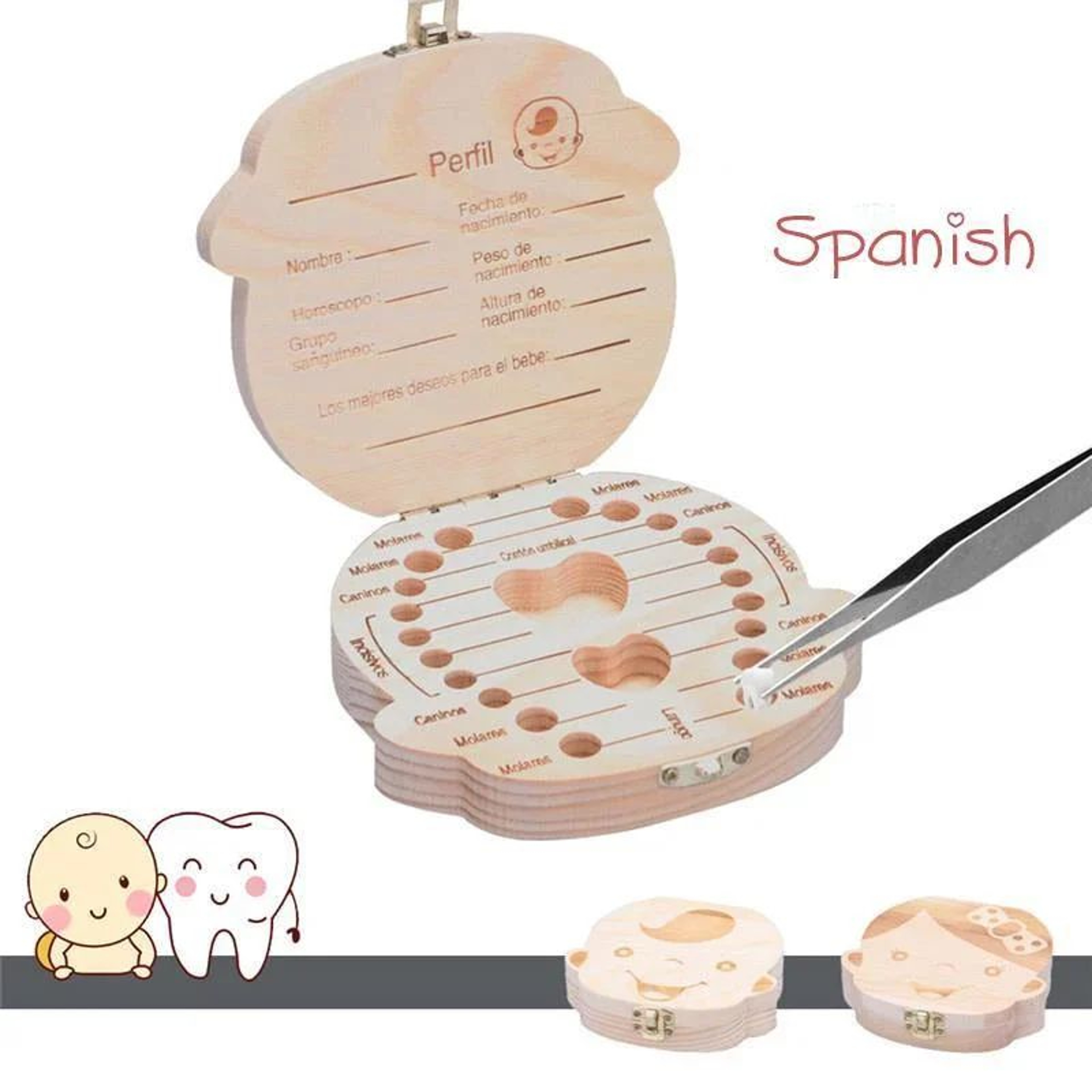 Wooden Baby Tooth Keepsake Box With Spanish Labels For Boys And Girls 0