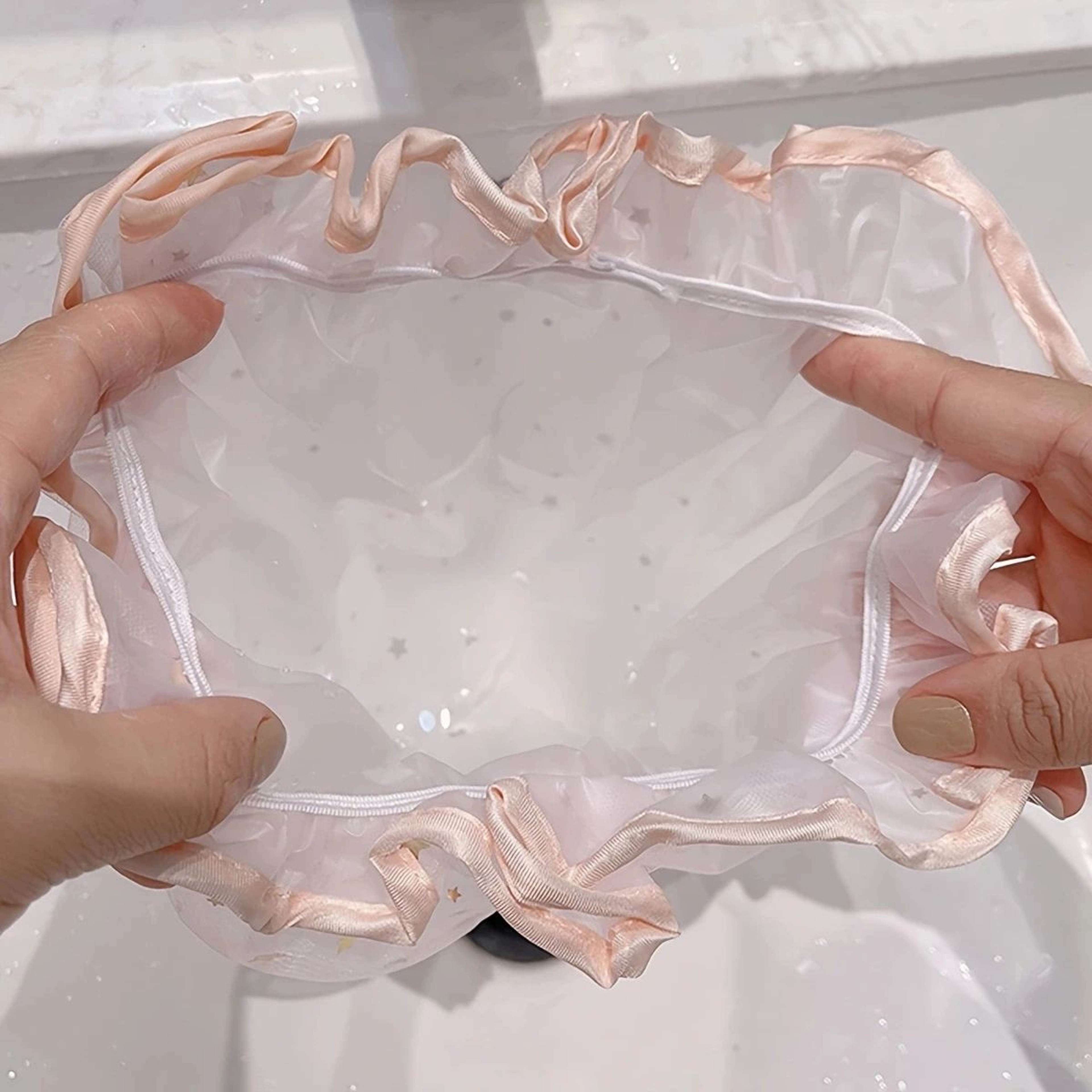 Large Reusable Waterproof Shower Cap With Elastic Band For Women 1