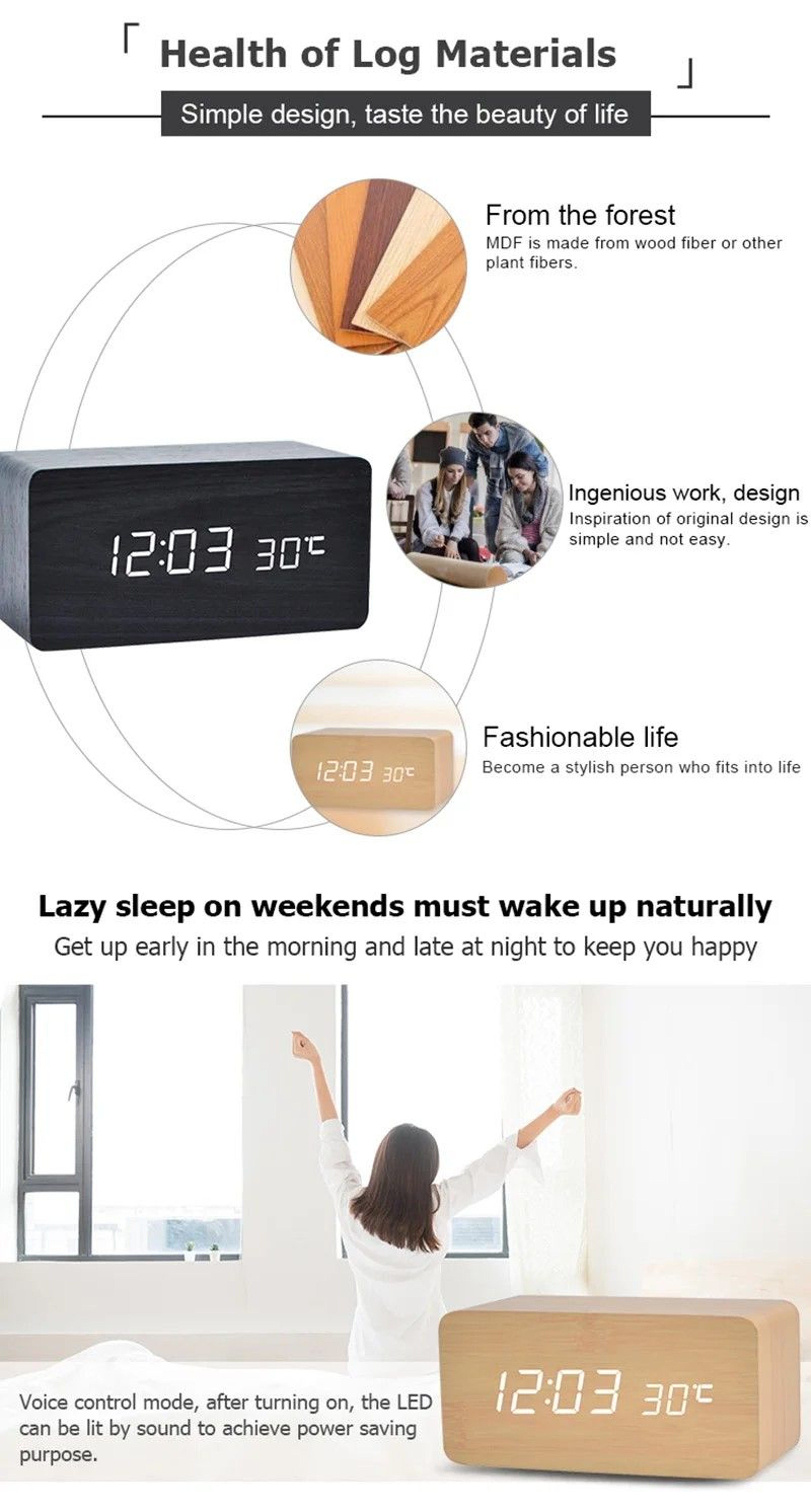 Woodgrain Luxe LED Alarm Clock Digital Wooden Desk Clock With Temperature Display 1