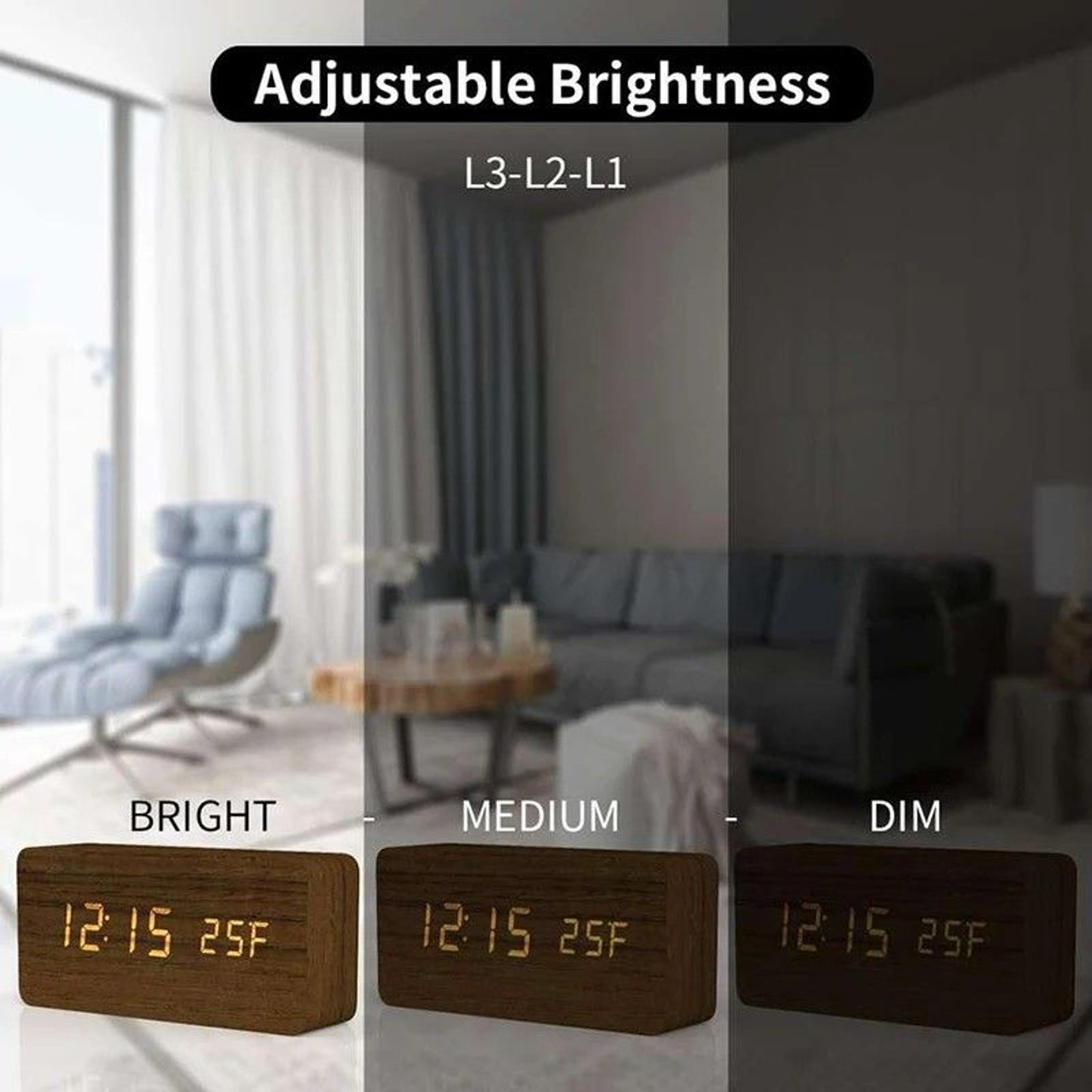 Woodgrain Luxe LED Alarm Clock Digital Wooden Desk Clock With Temperature Display 5