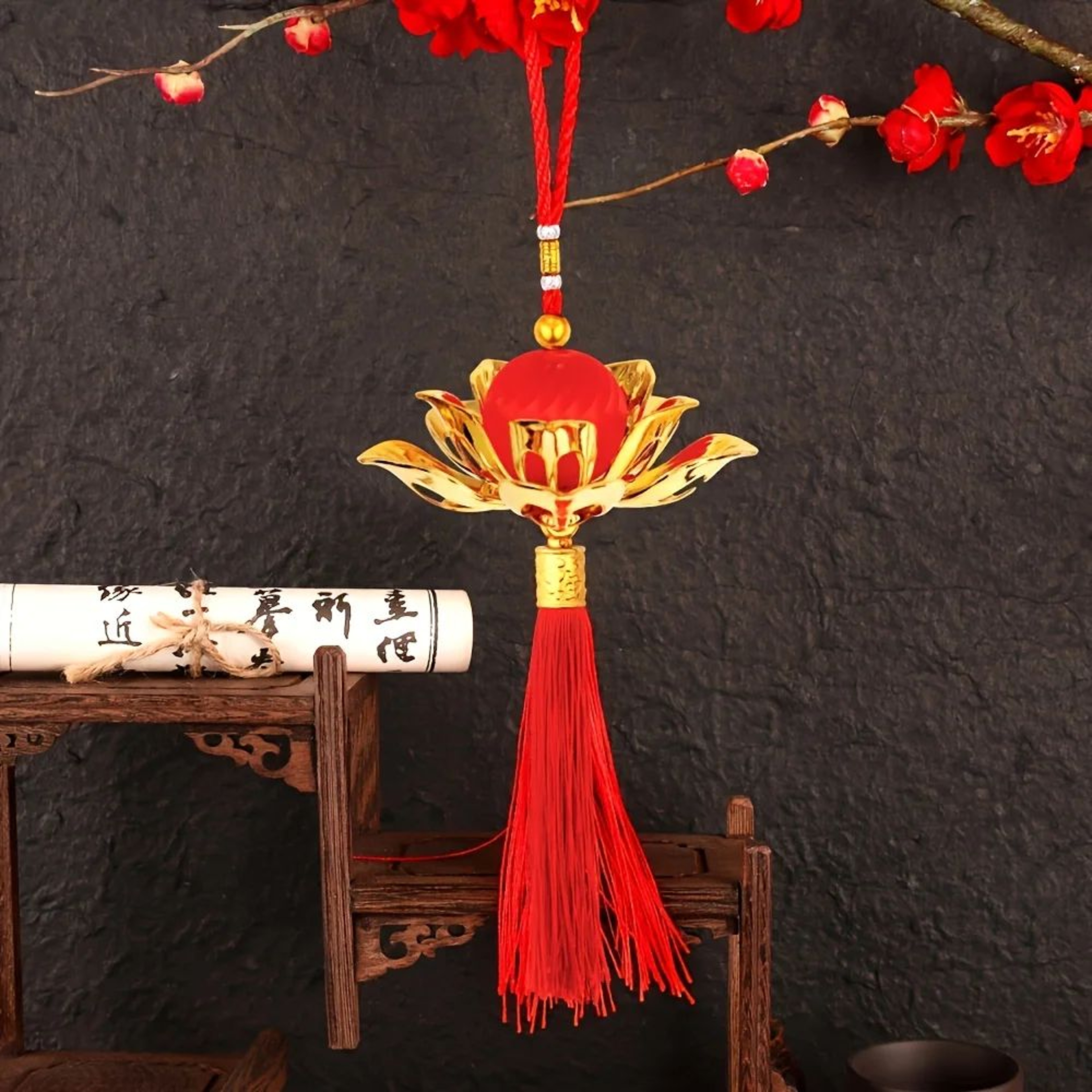 Chinese Lotus Flower Lantern Pendant With Red Tassel Chinese New Year Hanging Lantern Decor For Doo 0