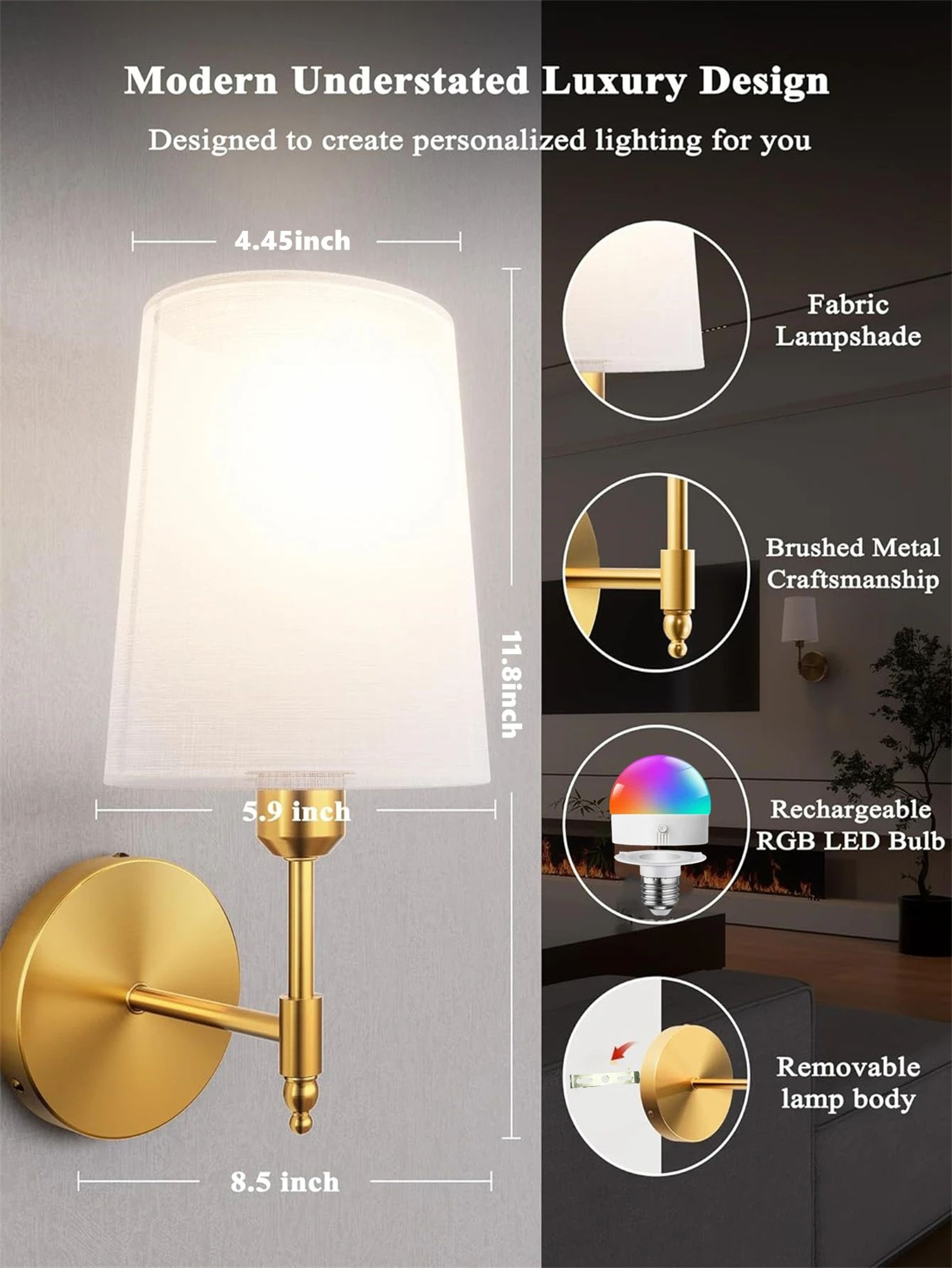 WiringFree Battery Operated Wall Sconce With 4000mAh Rechargeable Detachable Bulb Remote Dimming  1 4