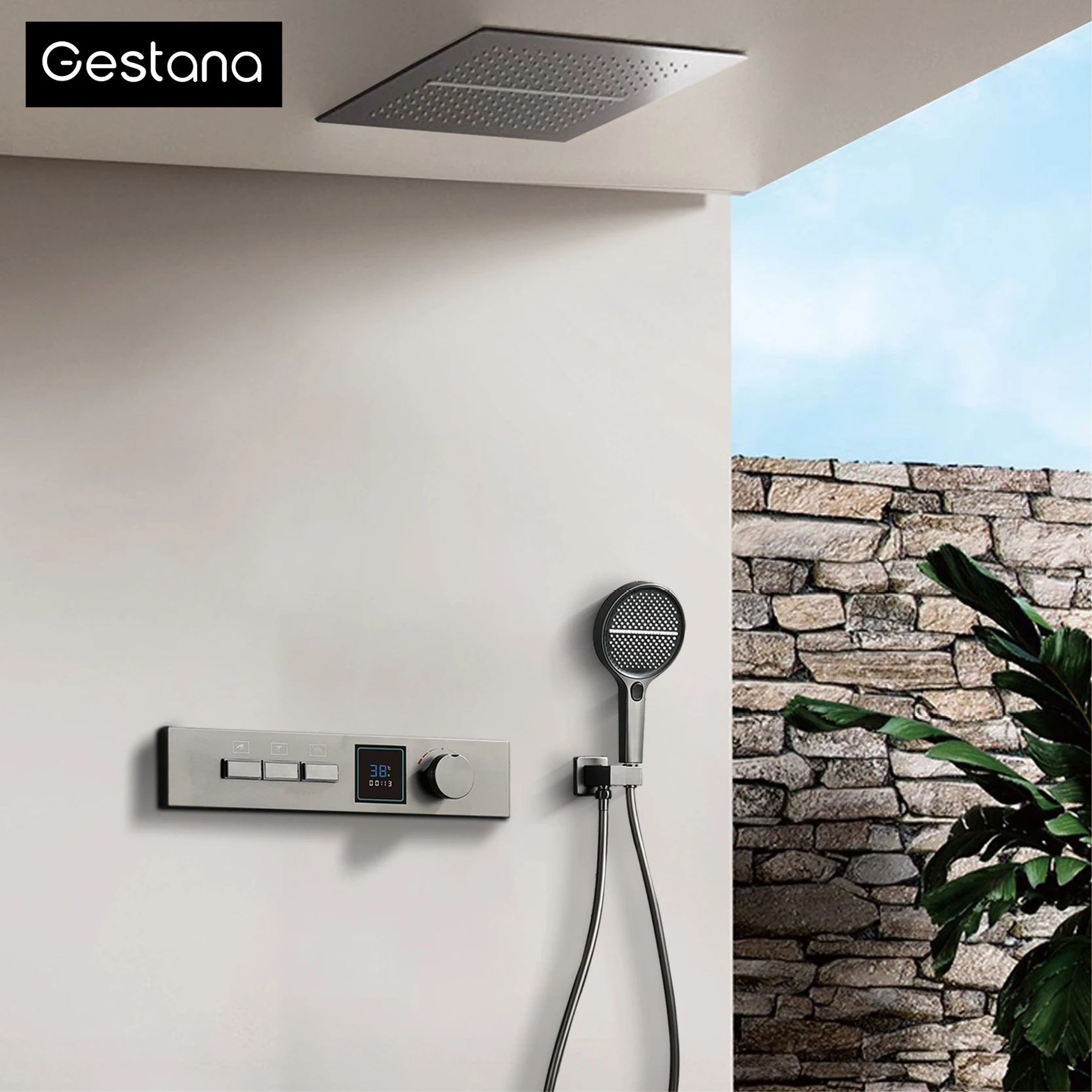 Gunmetal Brass Ceiling Shower System With LED Temperature Display DualMode Rainfall  Waterfall 5