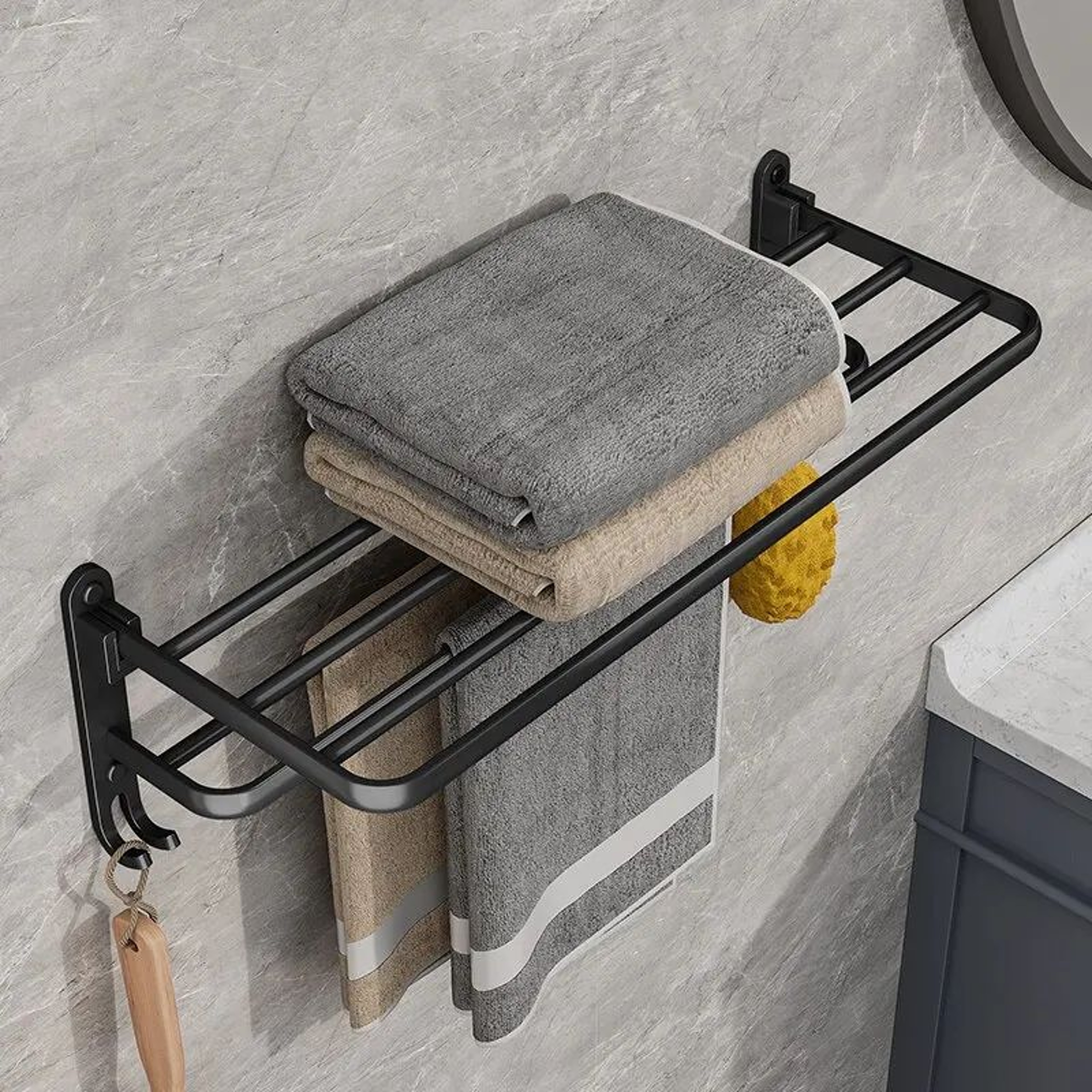 Matte Black Folding Towel Rack With Hook  50cm Wall Mounted Aluminum Towel Holder 0