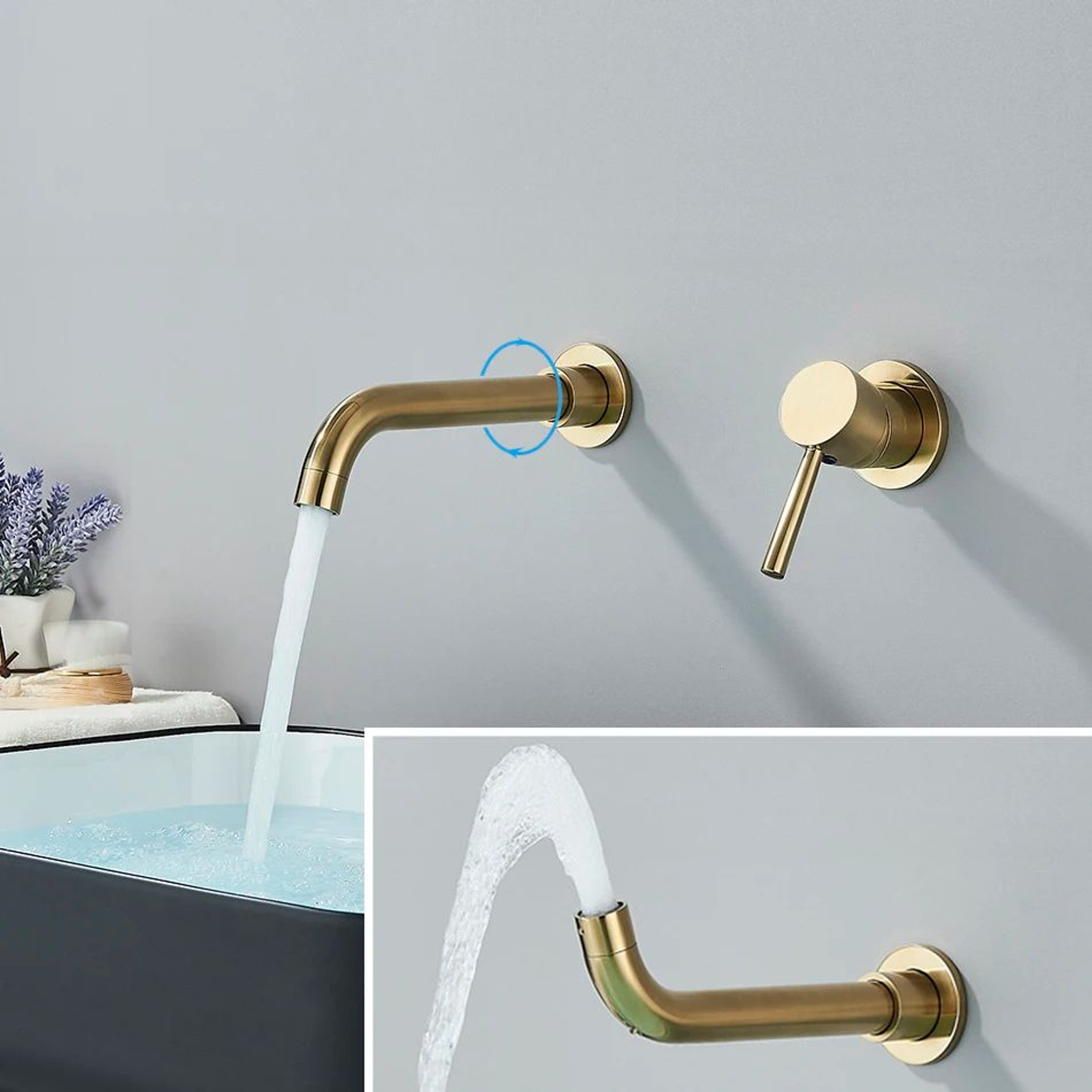 Brushed Gold Wall Mount Bathroom Faucet  Concealed Hot  Cold Basin Mixer Tap 2