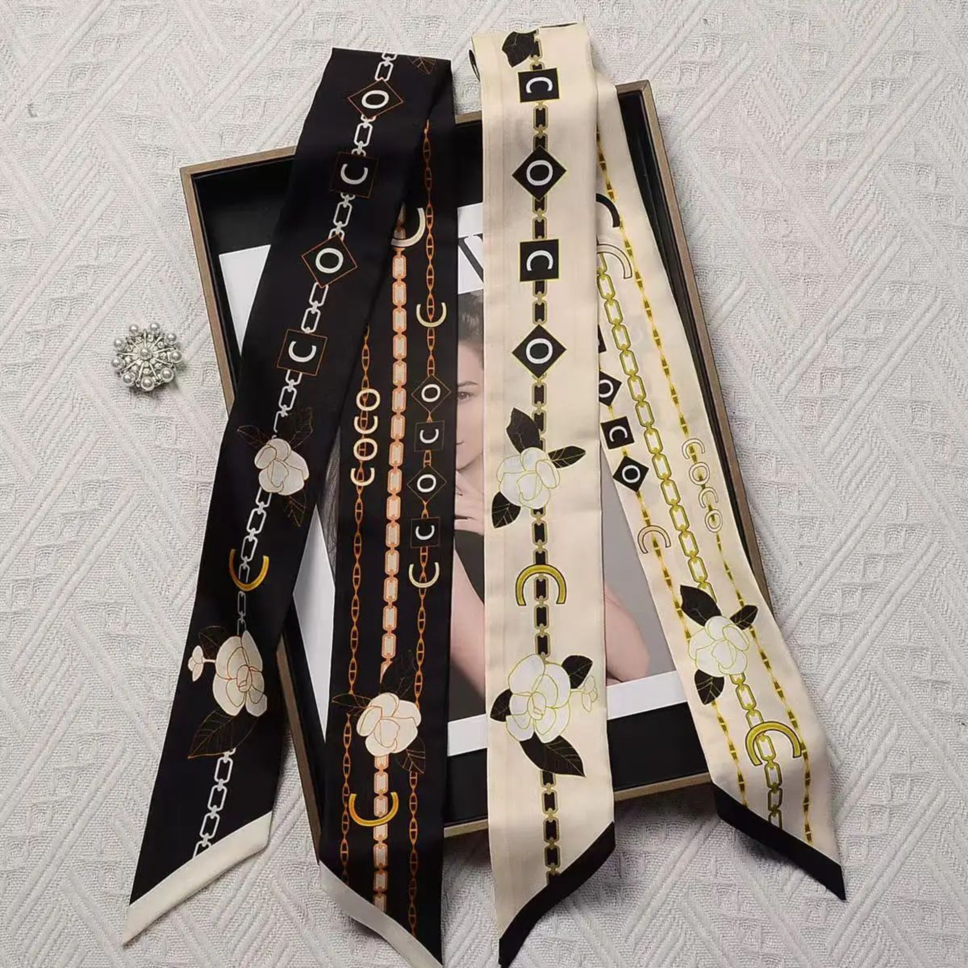 Elegant Black  White Silk Twilly Scarf  DoubleSided French Ribbon Hair  Bag Accessory 4