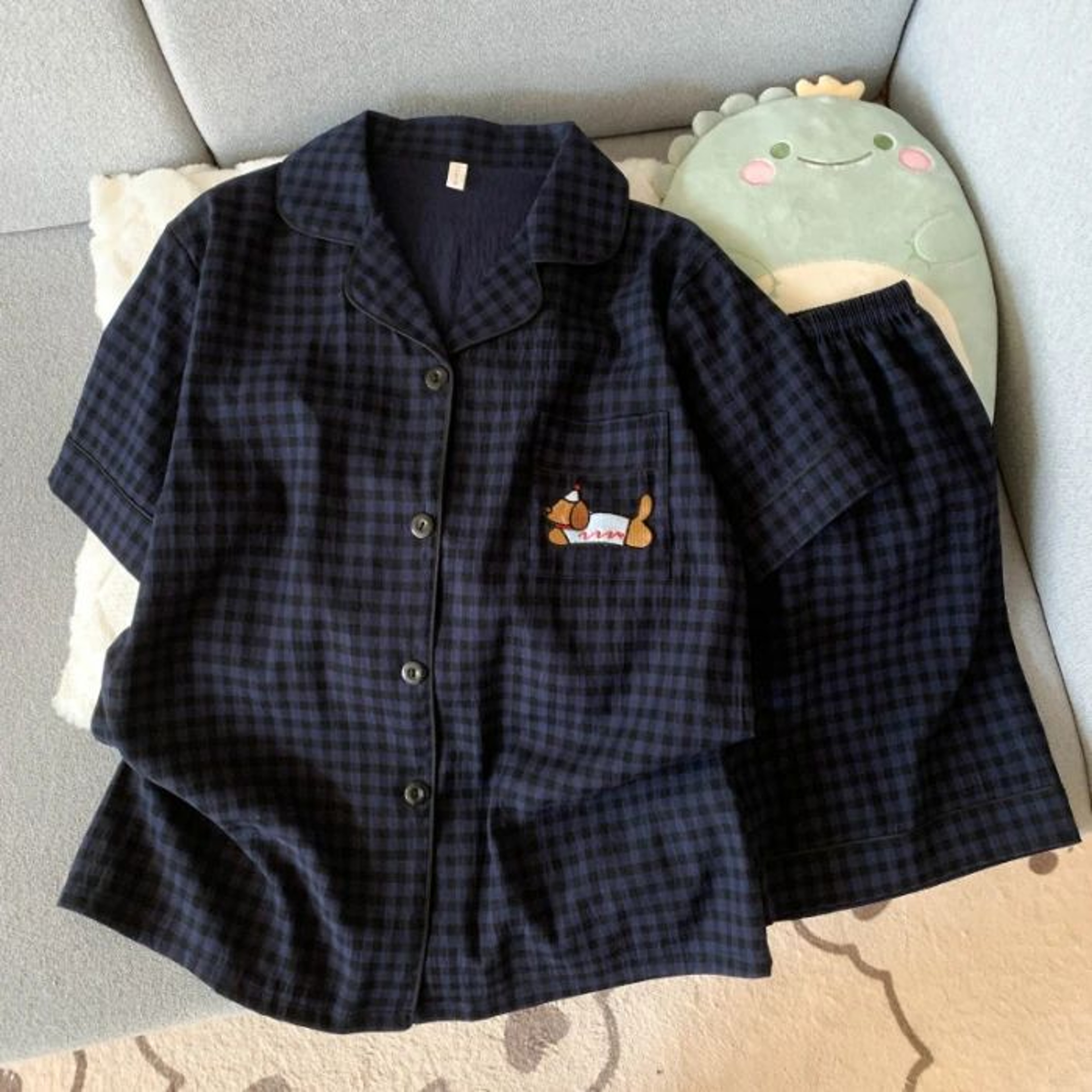 Sweet Pup Plaid Womens Pajama Set  Embroidered Dog Cotton Sleepwear 1