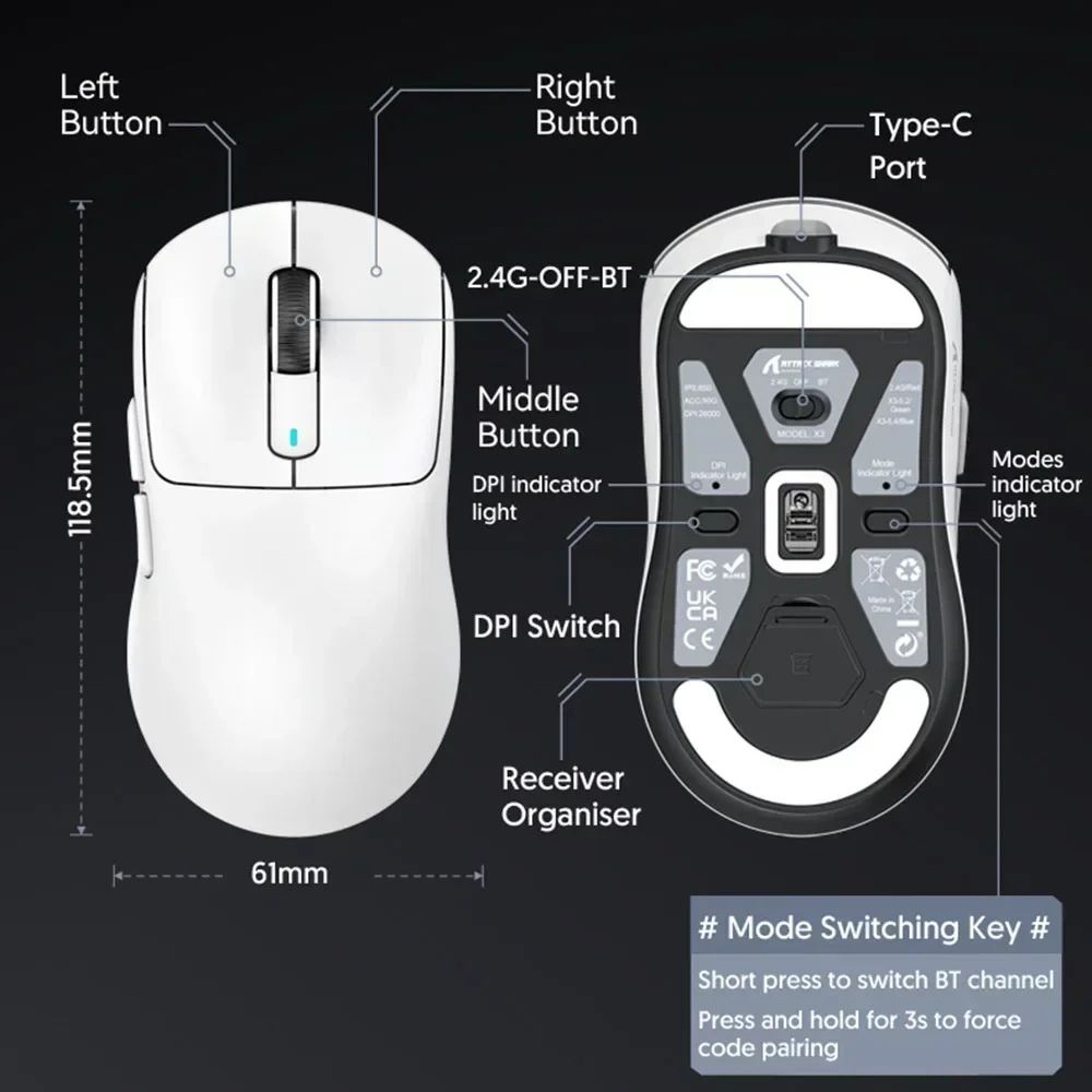 Attack Shark X3 Ultralight Wireless Gaming Mouse  PAW3395 TriMode 26K DPI Precision 5