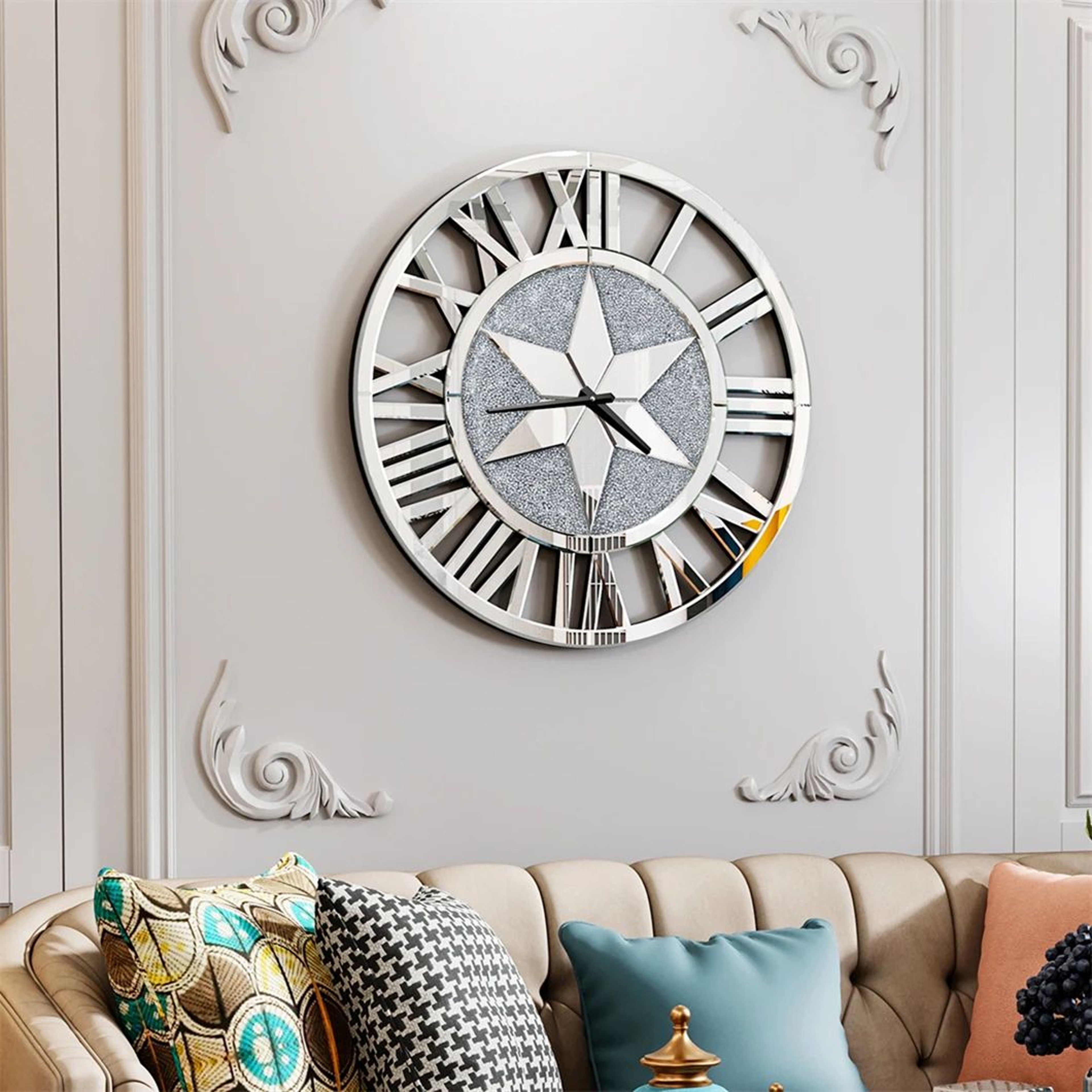 60cm Mirrored Roman Numeral Skeleton Wall Clock  Elegant Large Wall Clock Decor 1