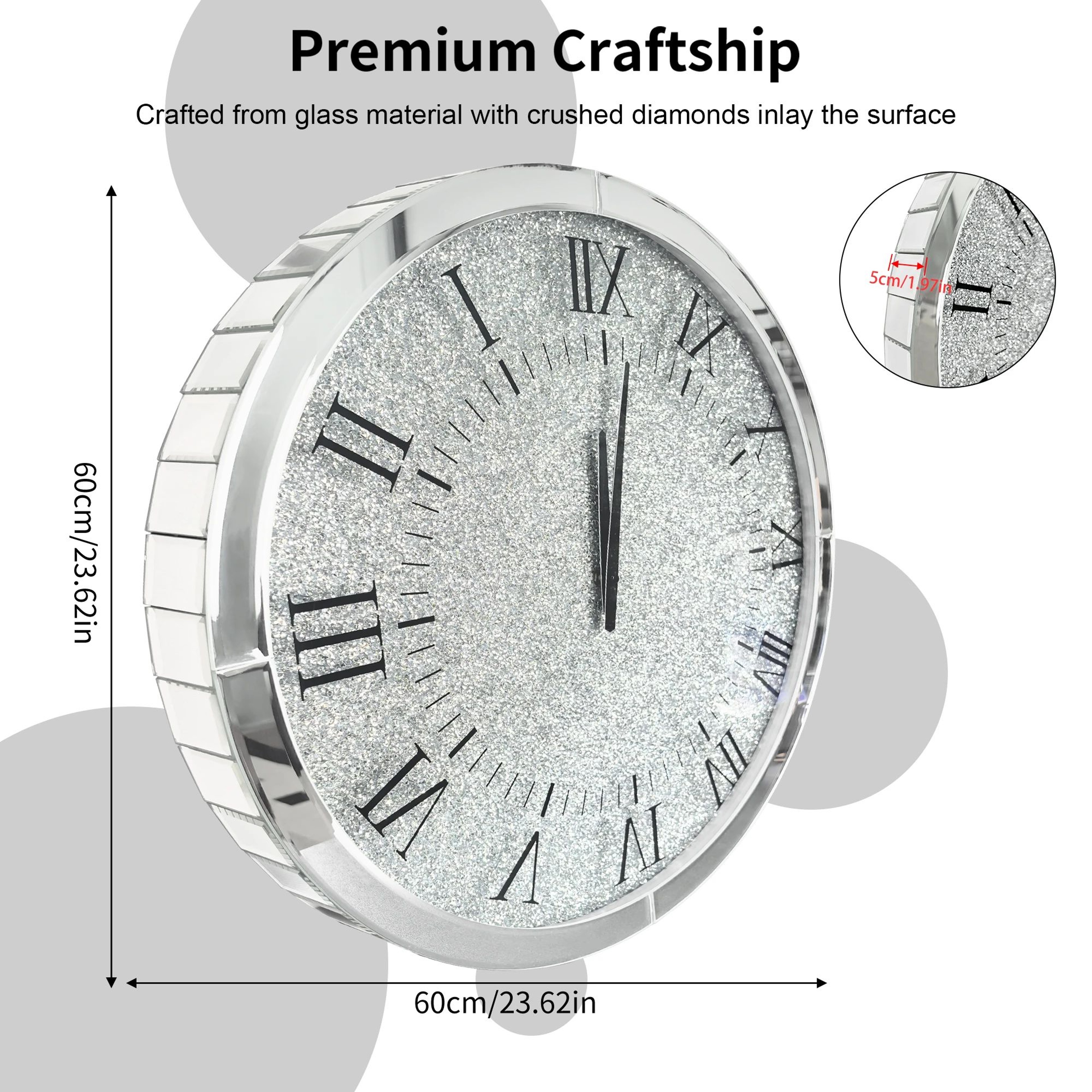 Crystal Luxe Crushed Diamond Mirrored Wall Clock  60cm Silver Crystal Decor 3