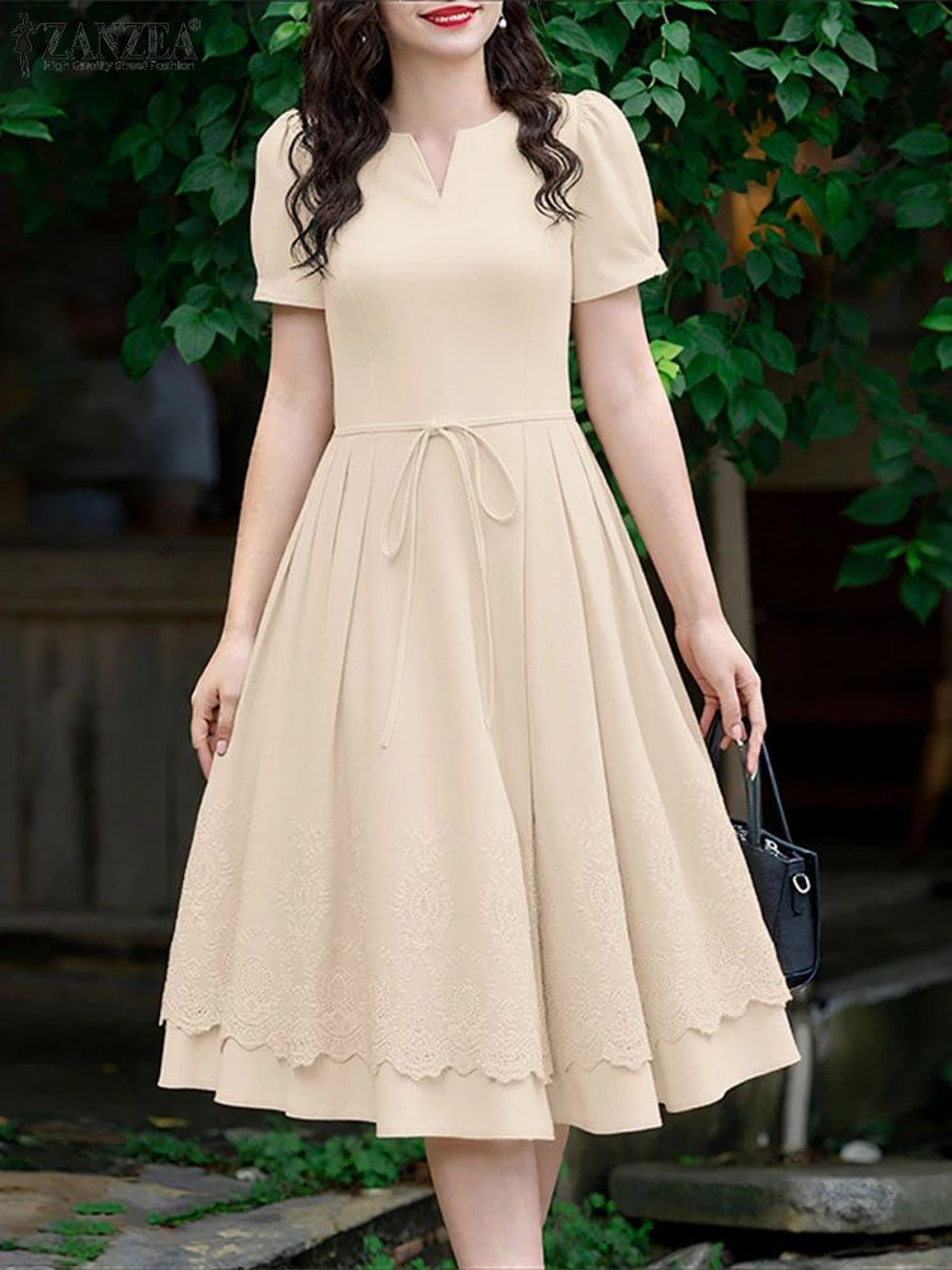 ZANZEA Lace Patchwork Summer Midi Dress With Puff Sleeves  Elegant Casual Sundress For Women 1