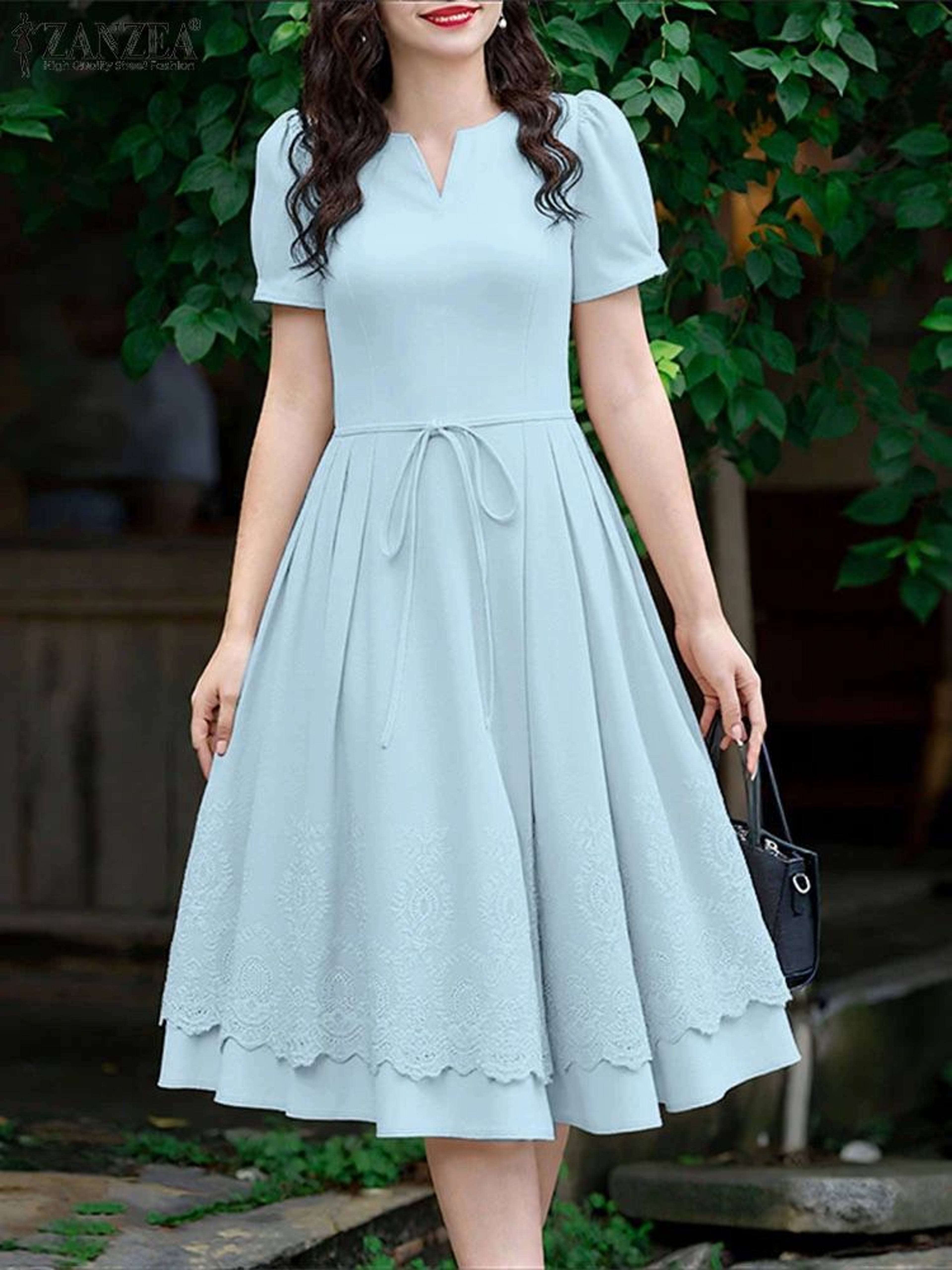 ZANZEA Lace Patchwork Summer Midi Dress With Puff Sleeves  Elegant Casual Sundress For Women 2