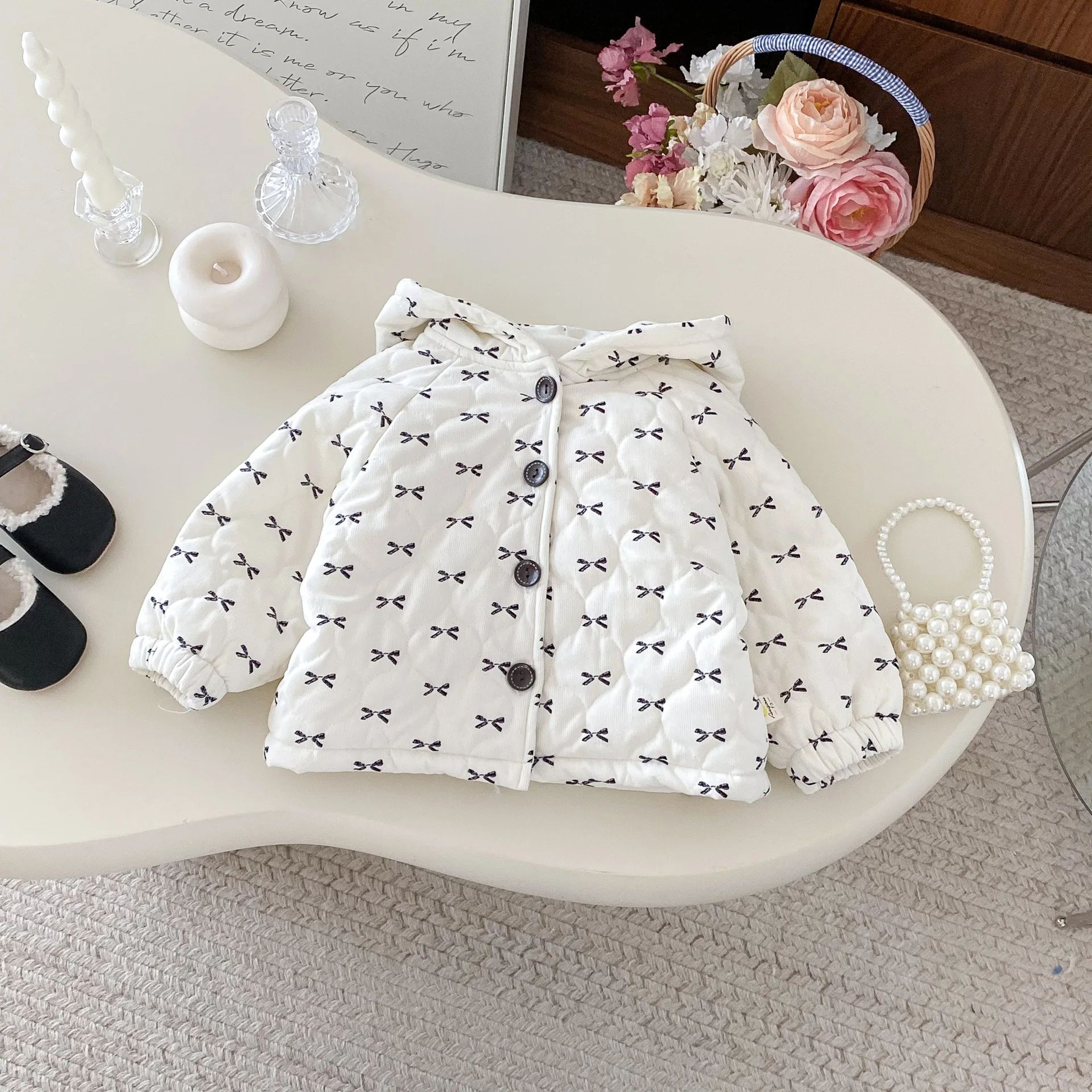 Sweet Bow Hooded Baby Girl Winter Jacket  Soft Cotton Toddler Coat 0