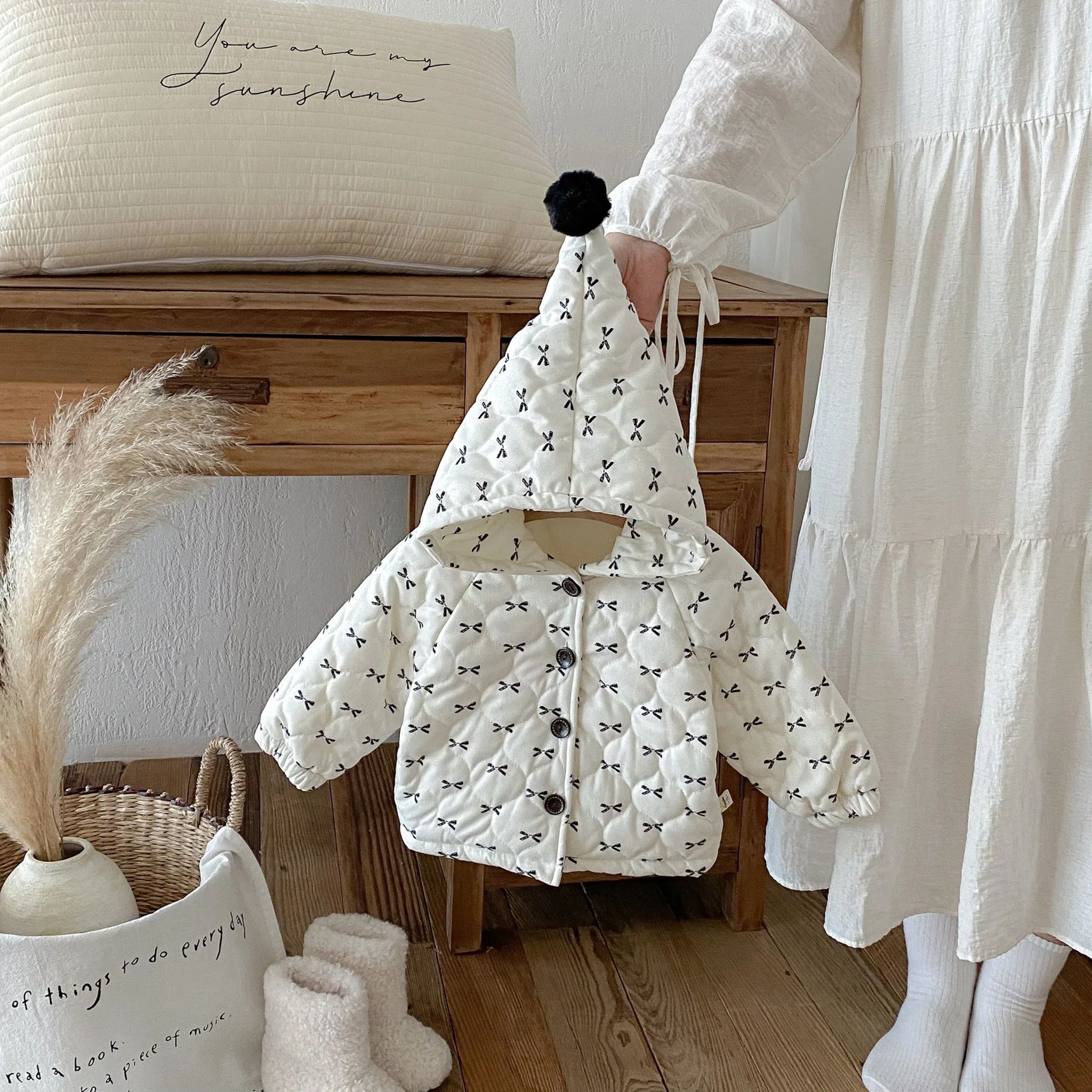 Sweet Bow Hooded Baby Girl Winter Jacket  Soft Cotton Toddler Coat 1