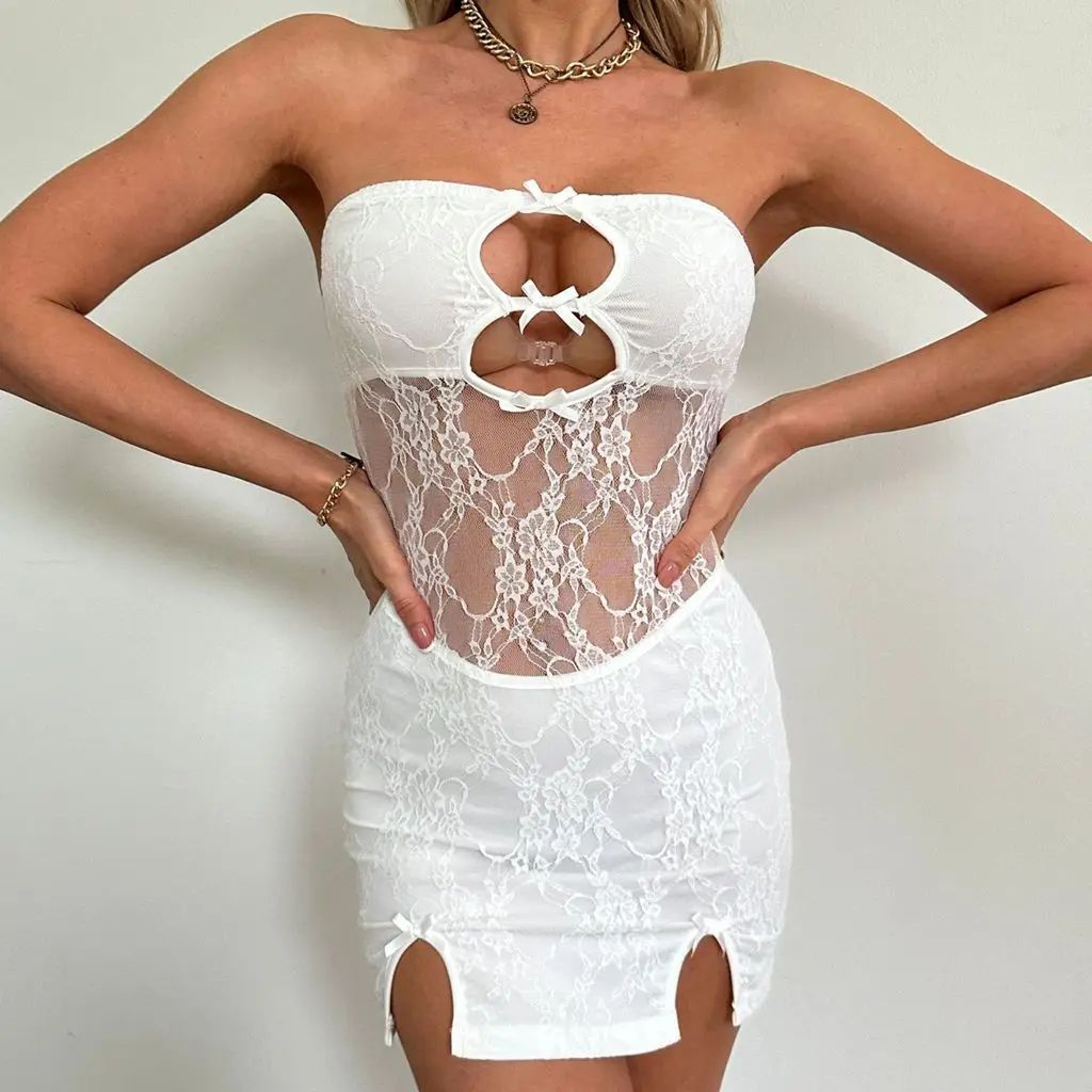 Y2K Sheer Floral Lace Cutout Bodycon Tube Dress 3
