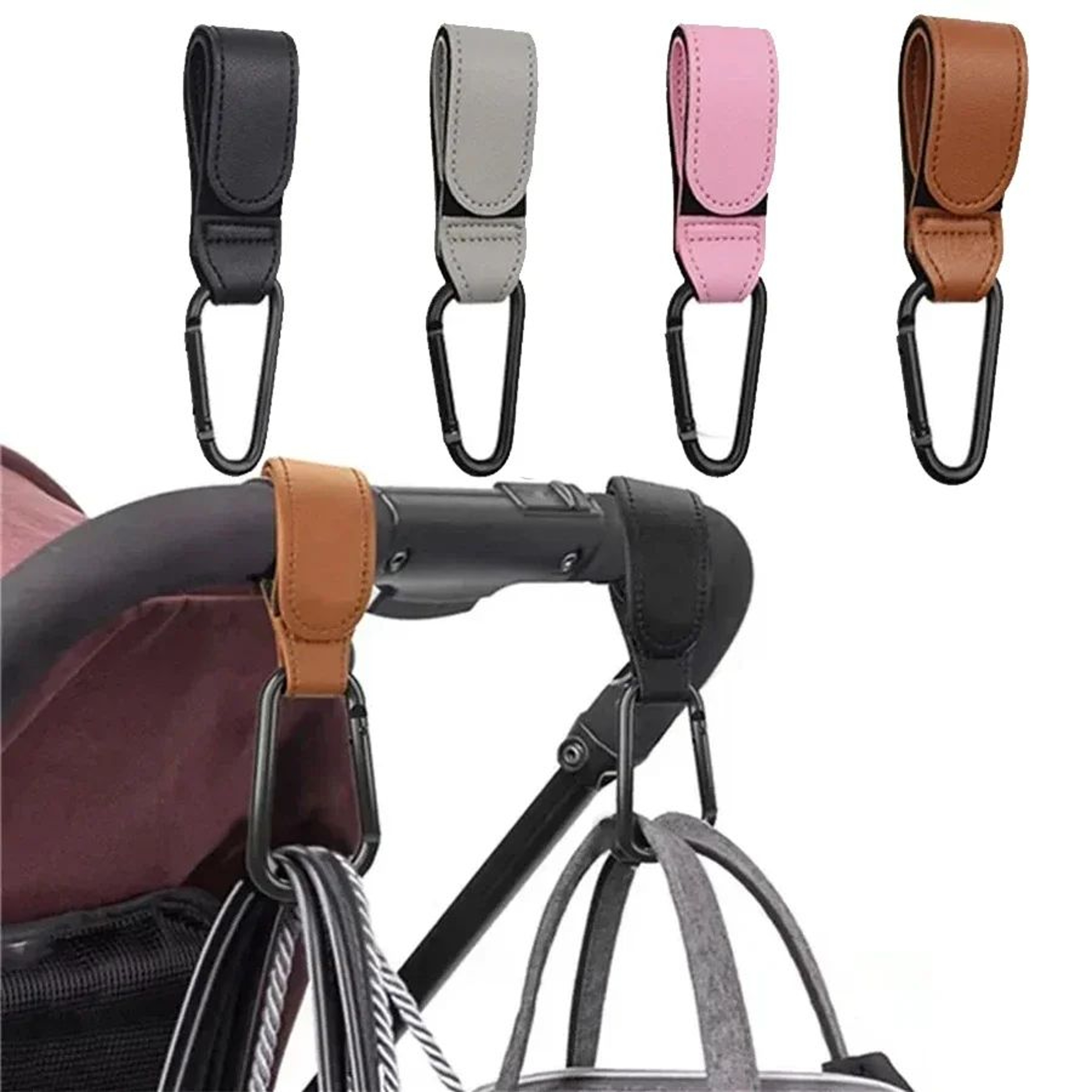Premium Leather Stroller Hooks Set For Easy Diaper Bag Organization 1