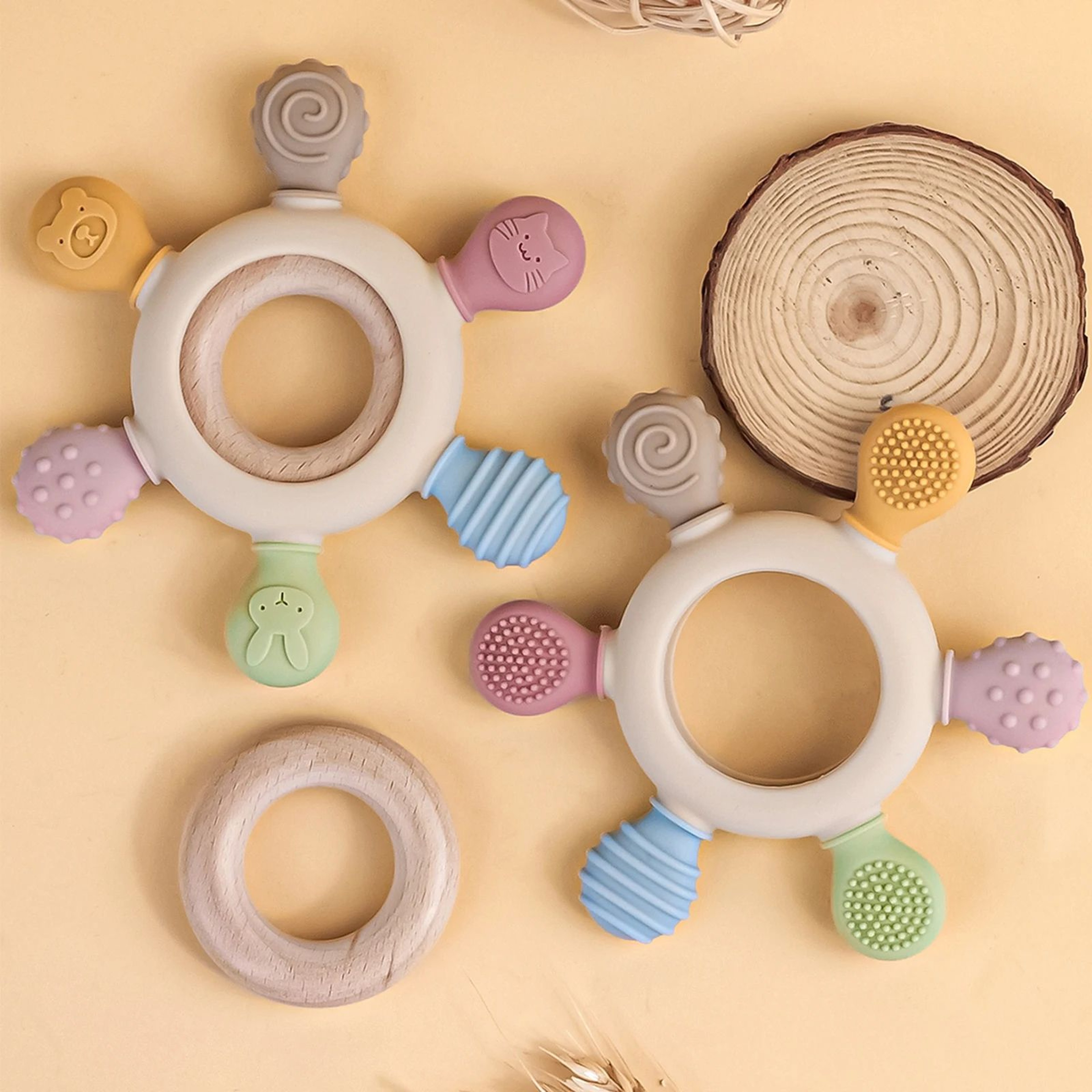 Silicone Baby Teether With Wooden Ring Food Grade Silicone Teether For Newborns 1