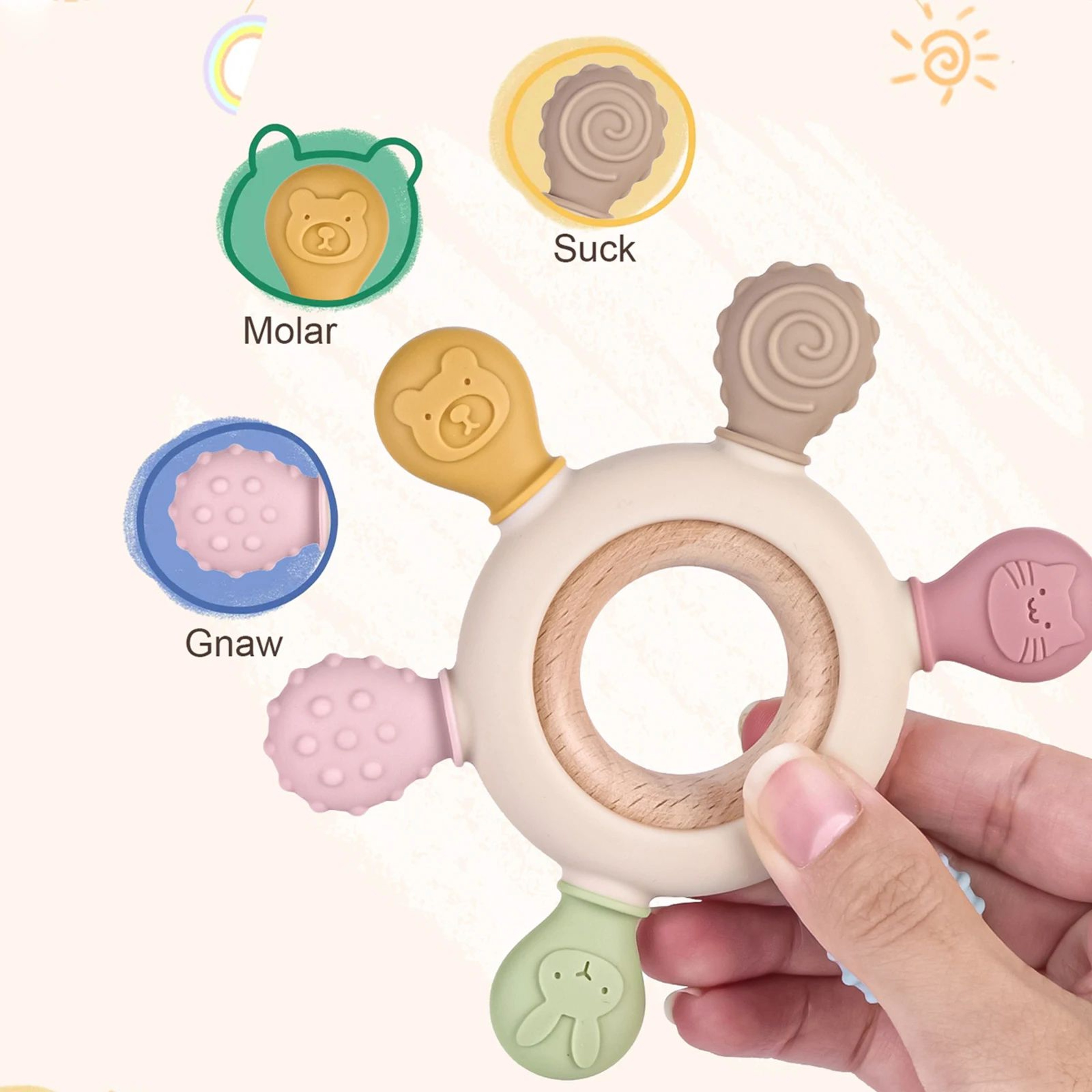 Silicone Baby Teether With Wooden Ring Food Grade Silicone Teether For Newborns 2