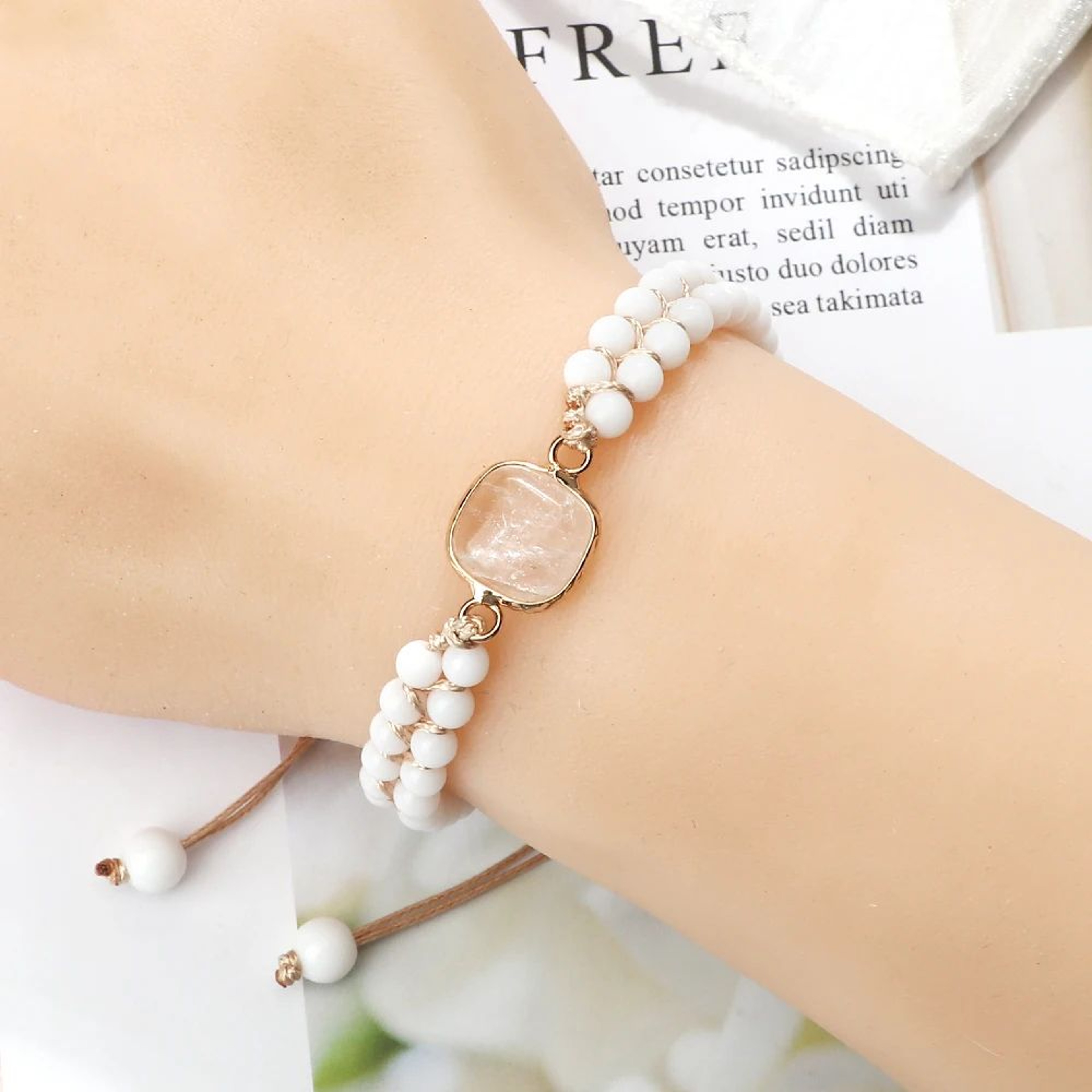 Vintage Howlite Bracelet For Women  Men  4mm White Beaded Bracelet With Handmade Adjustable Braided 2