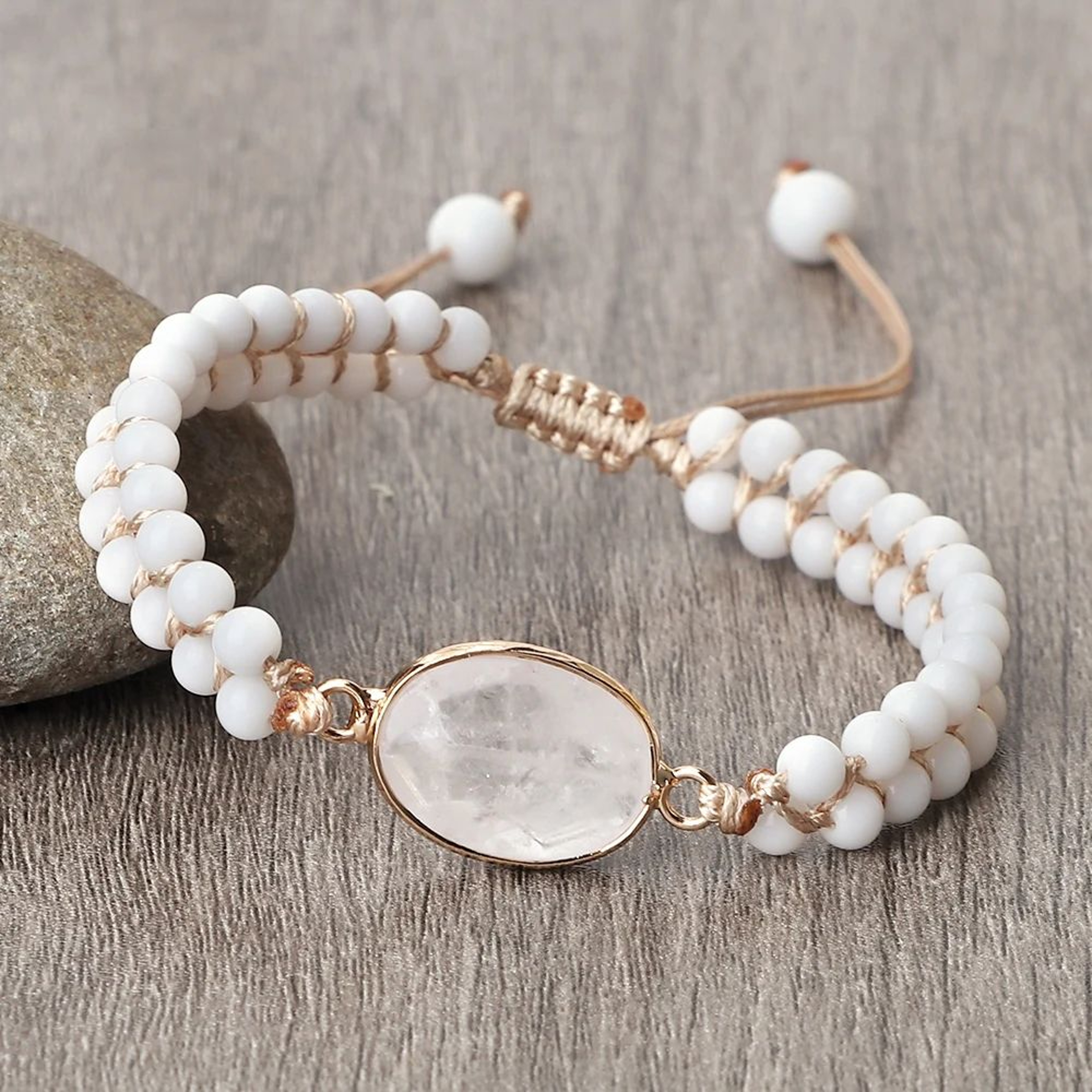 Vintage Howlite Bracelet For Women  Men  4mm White Beaded Bracelet With Handmade Adjustable Braided 7