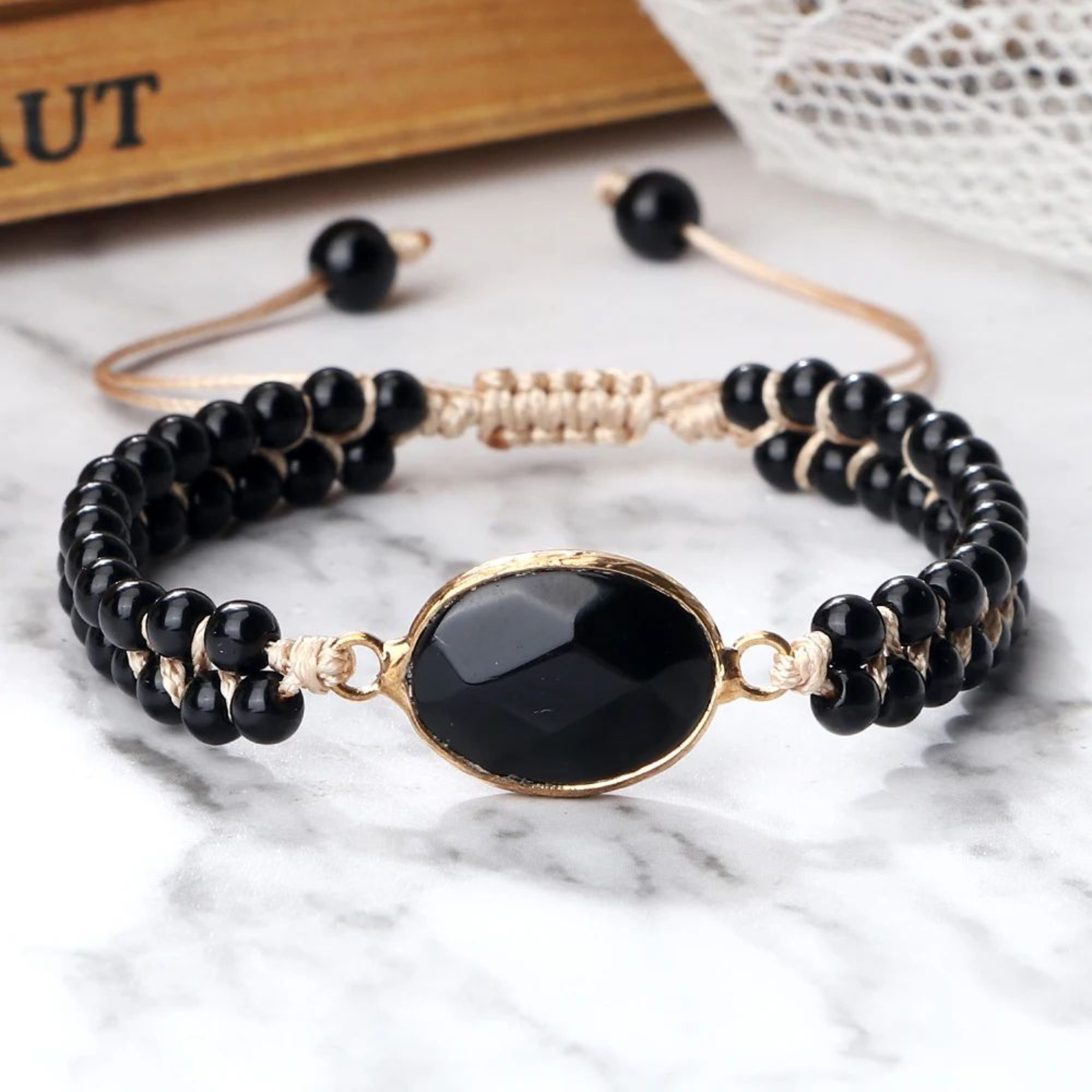 Black Onyx Obsidian Bracelet For Men  Women  Adjustable Braided Handmade Prayer Bracelet 2