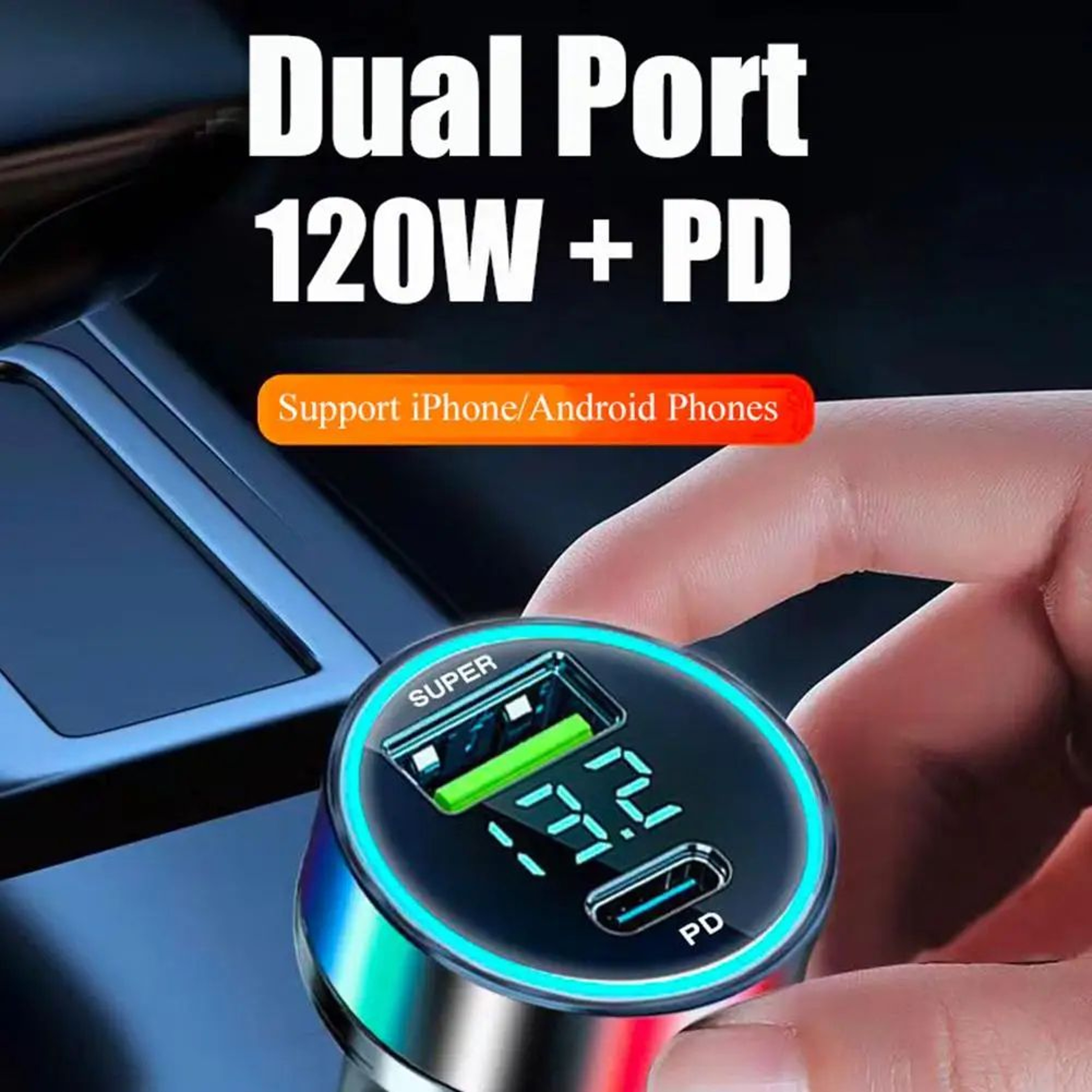 120W USBC Car Charger With Dual Ports For Fast InCar Charging 1