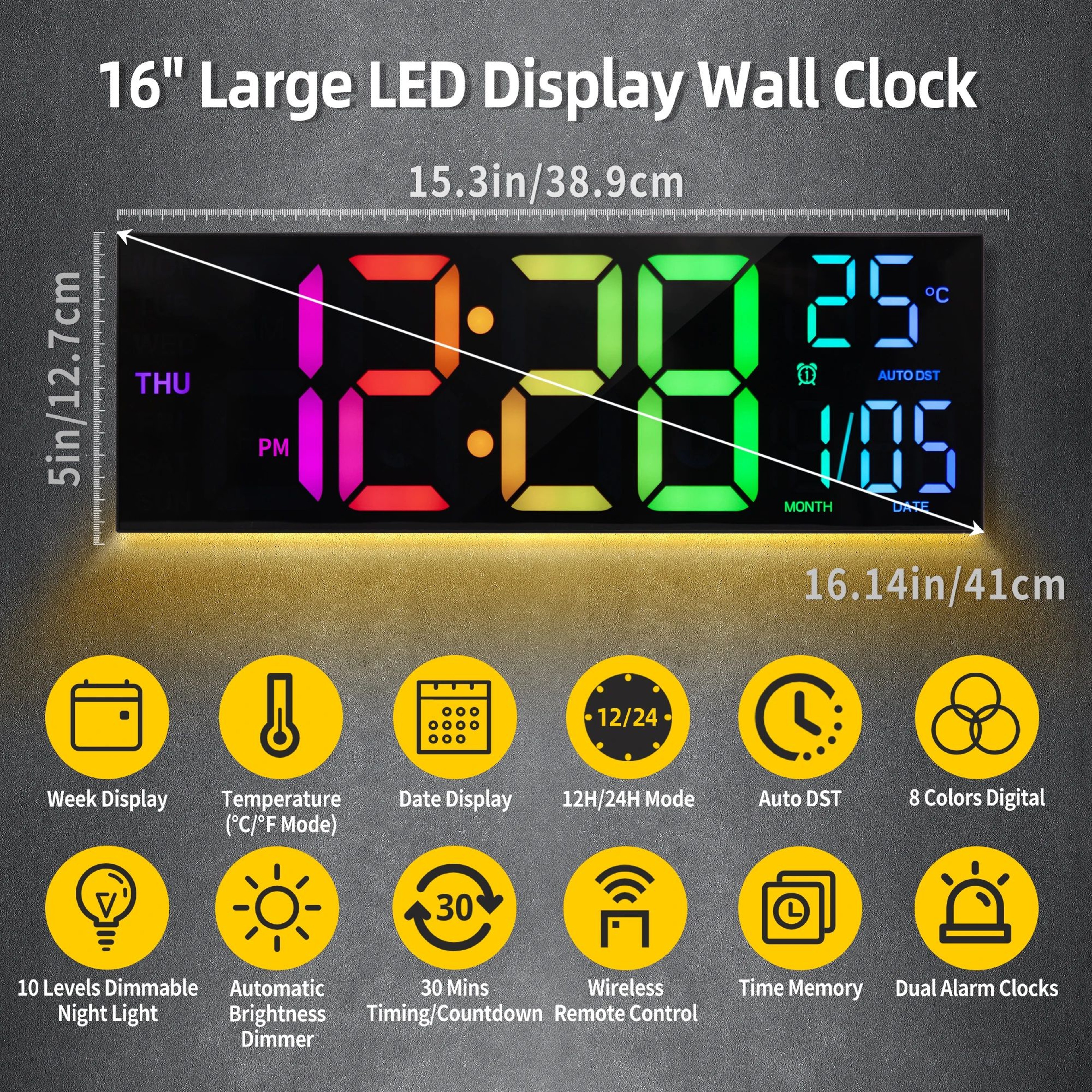 16 Large Digital Wall Clock With RGB Display  Remote Control 1