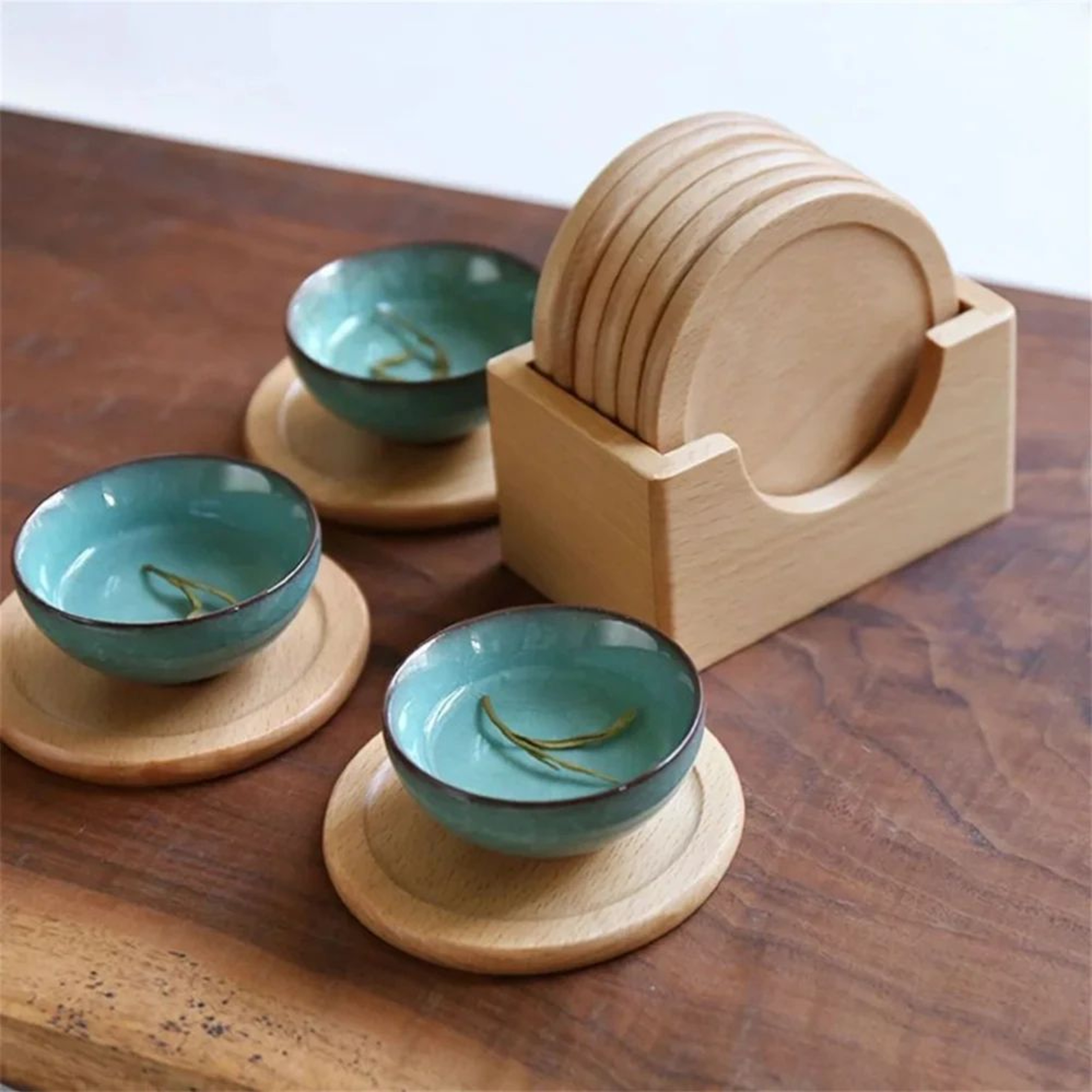 Walnut Wood Coasters Set  Elegant Round Coaster Set With Heat Protection For Everyday Living 6pcs S 2