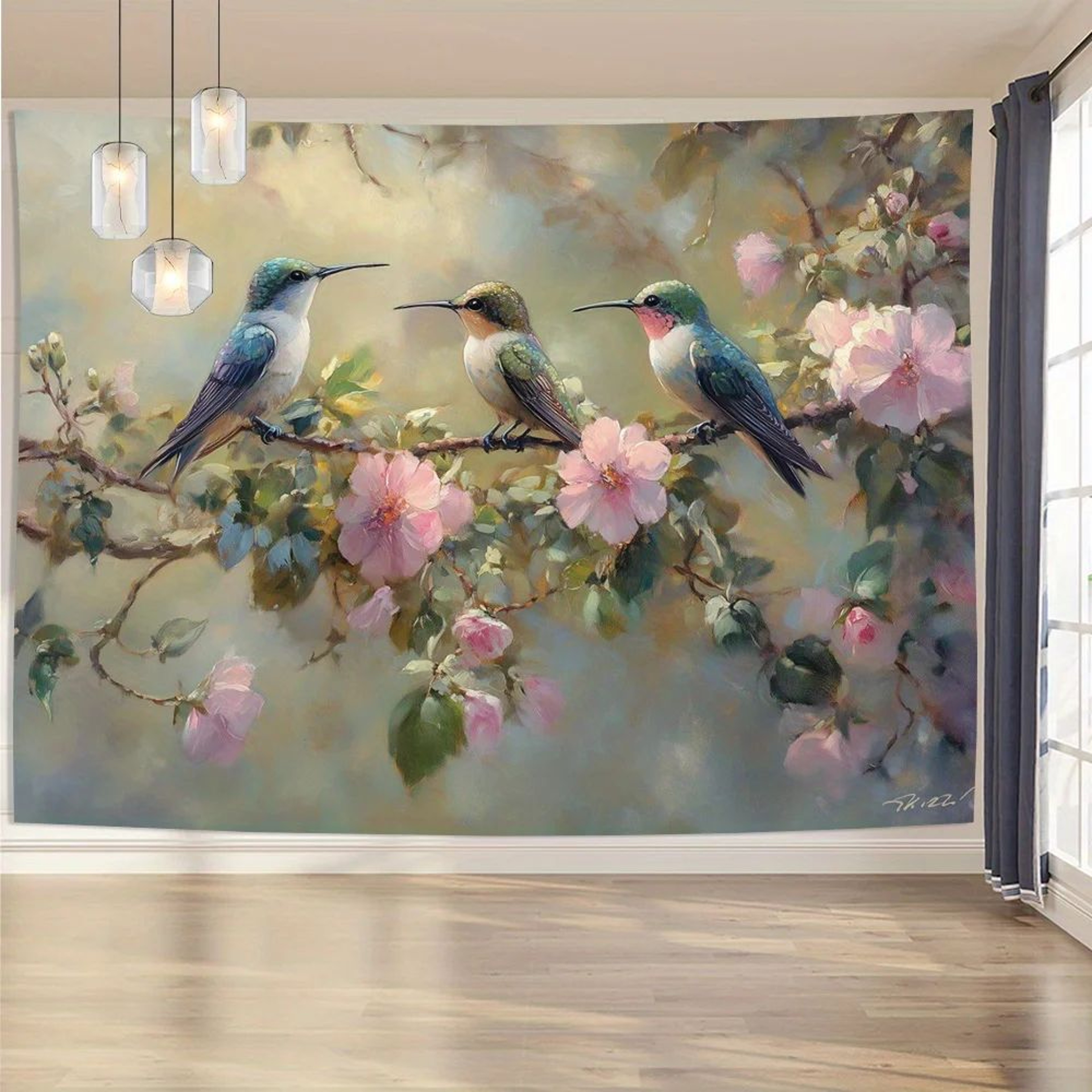 Hummingbird Wall Tapestry Floral Wall Hanging Nature Bird Decor 4