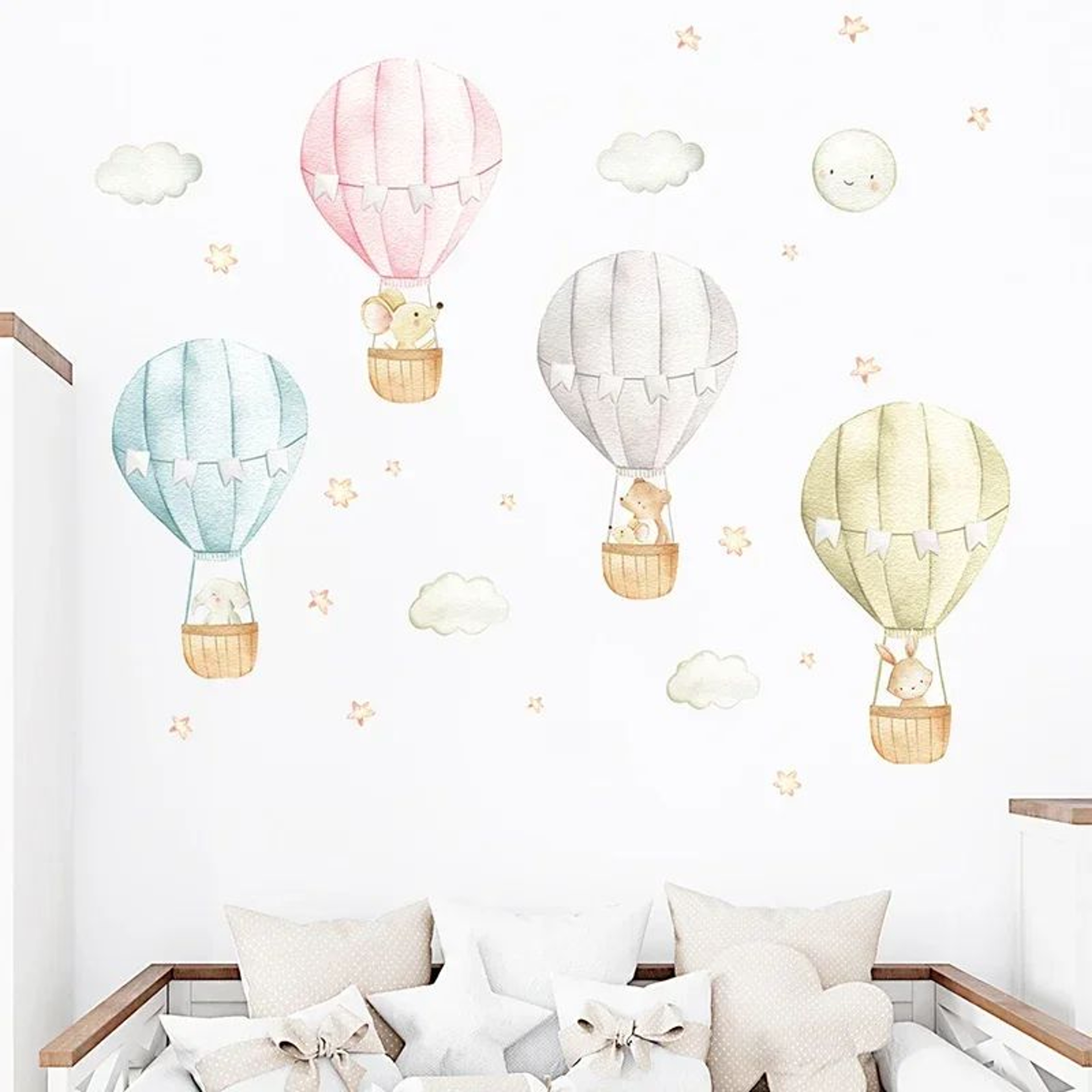 Dreamy Sky Hot Air Balloon Wall Decor  Watercolor Nursery Wall Decals For Kids  Baby Rooms 3