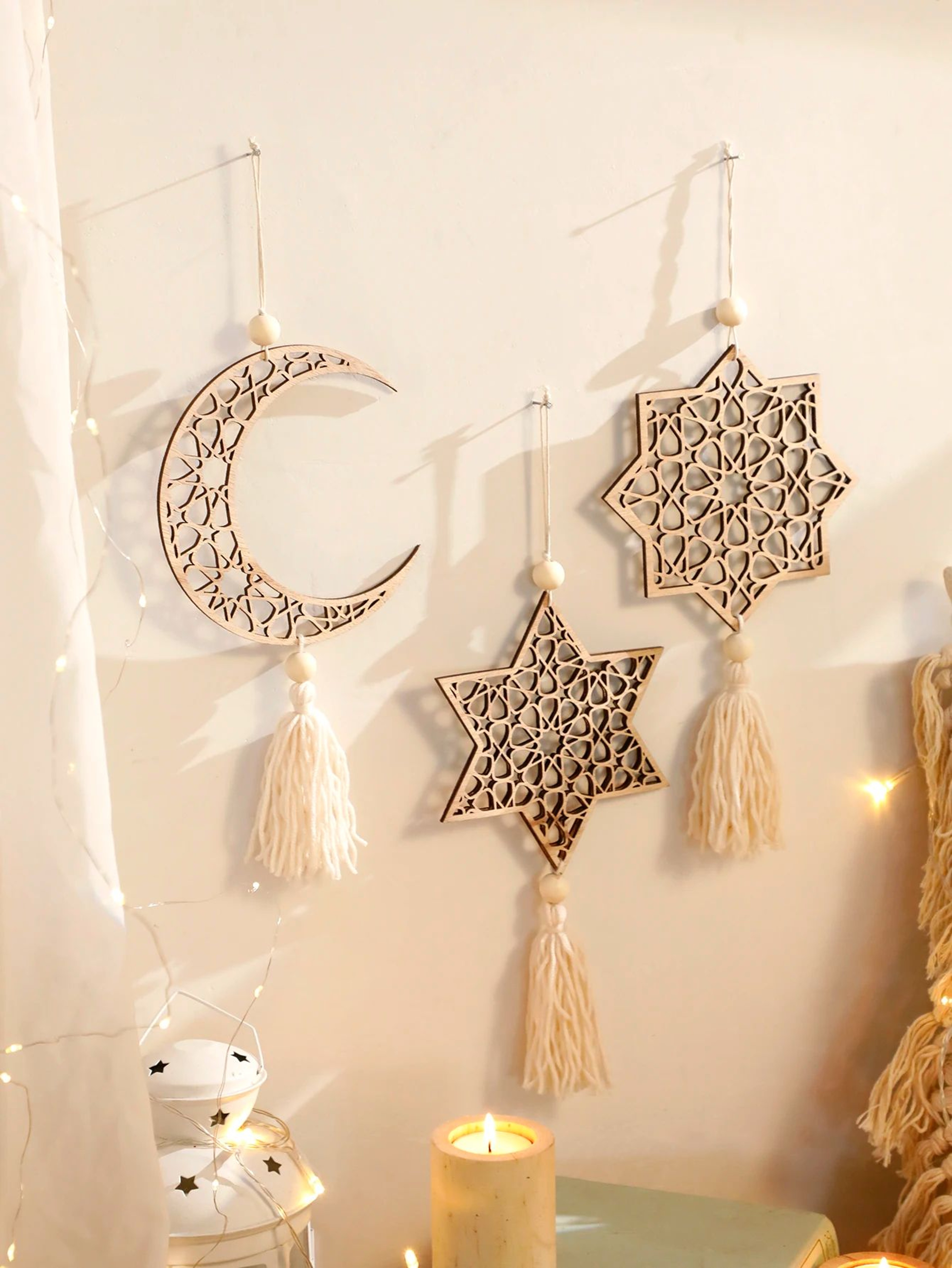 Wooden Ramadan Wall Decor With Tassels For Eid Mubarak Celebrations 1