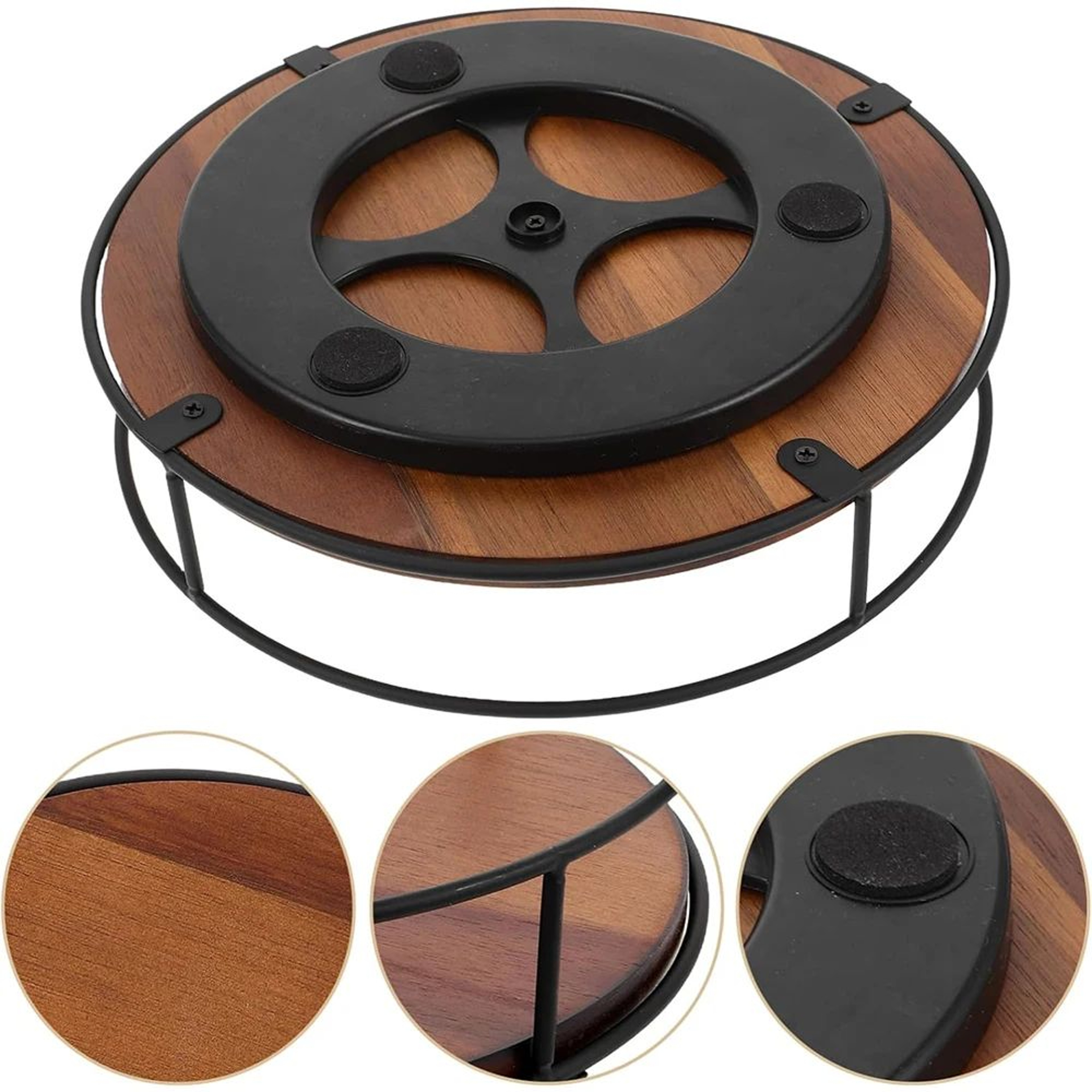 Acacia Wood Lazy Susan Turntable With Metal Frame Organizer 1