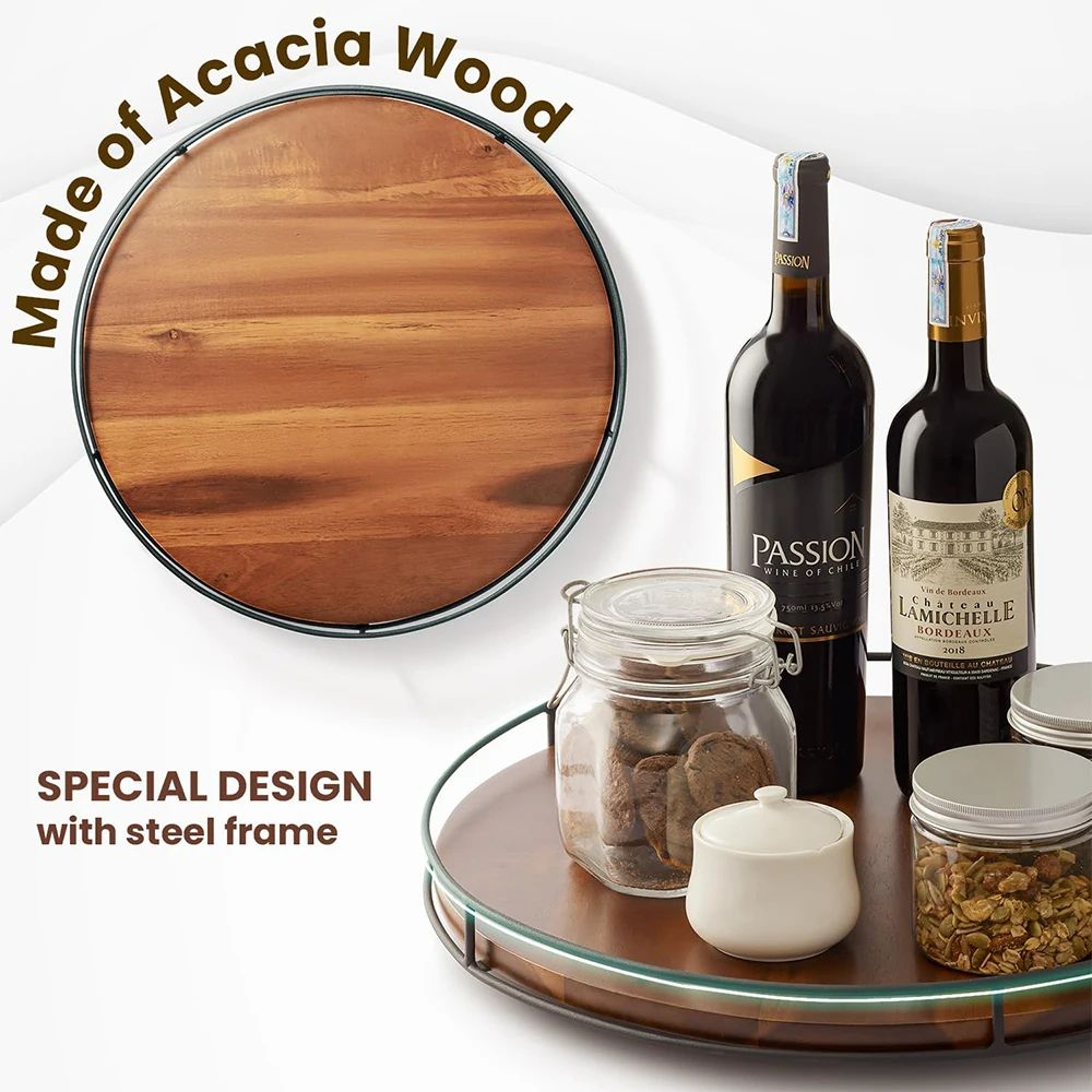 Acacia Wood Lazy Susan Turntable With Metal Frame Organizer 2
