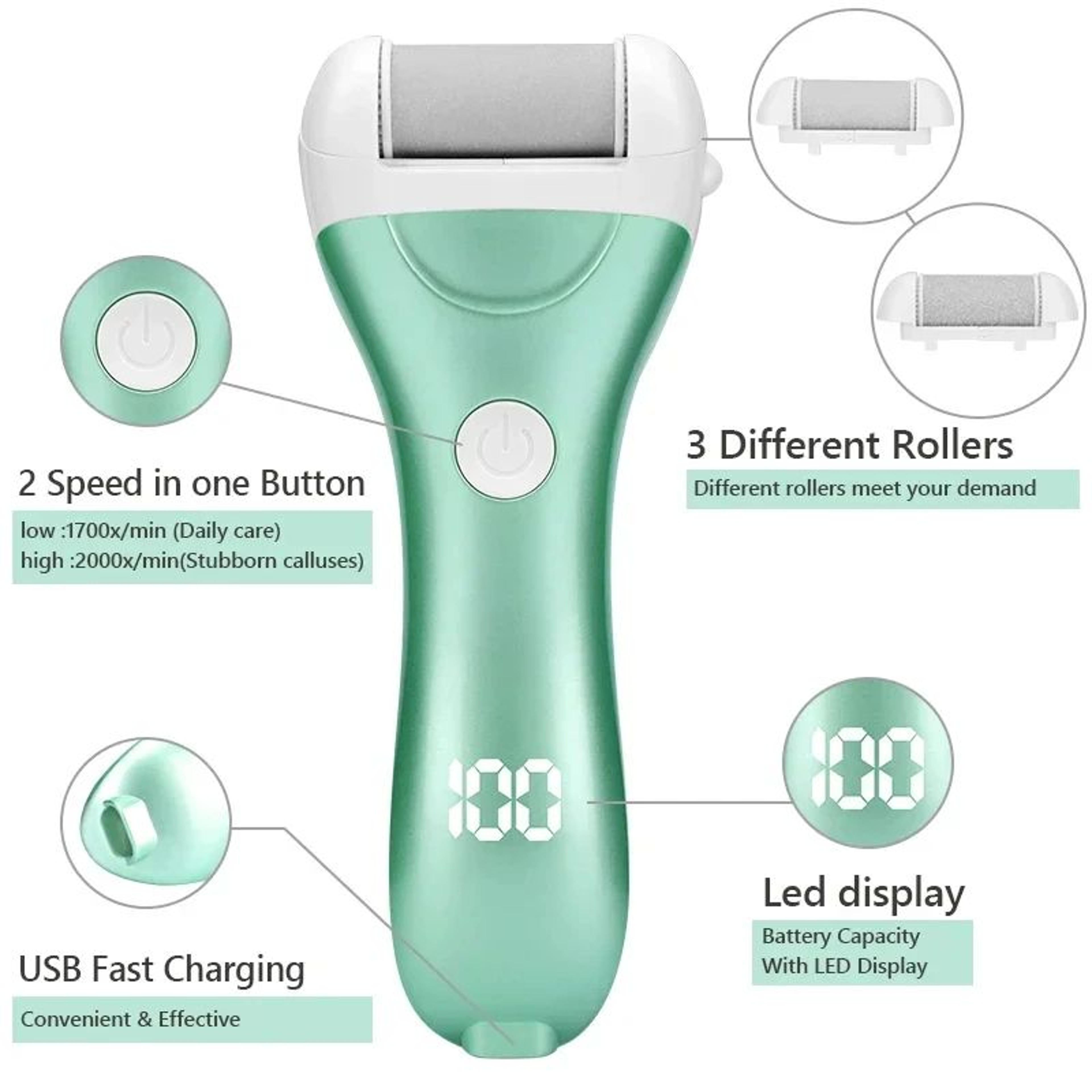 Rechargeable Electric Foot File Callus Remover Pedicure Tool With LED Power Display And 3 Roller He 1